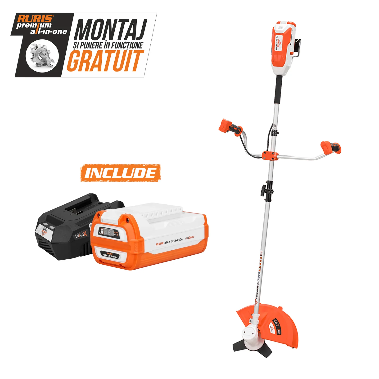 Motocoasa de umar pe acumulator RURIS VoltX 4264e, 60V, diametru taiere 420mm (fir) / 350mm (cutit), include acumulator Alfa Up 6400e si incarcator 64e