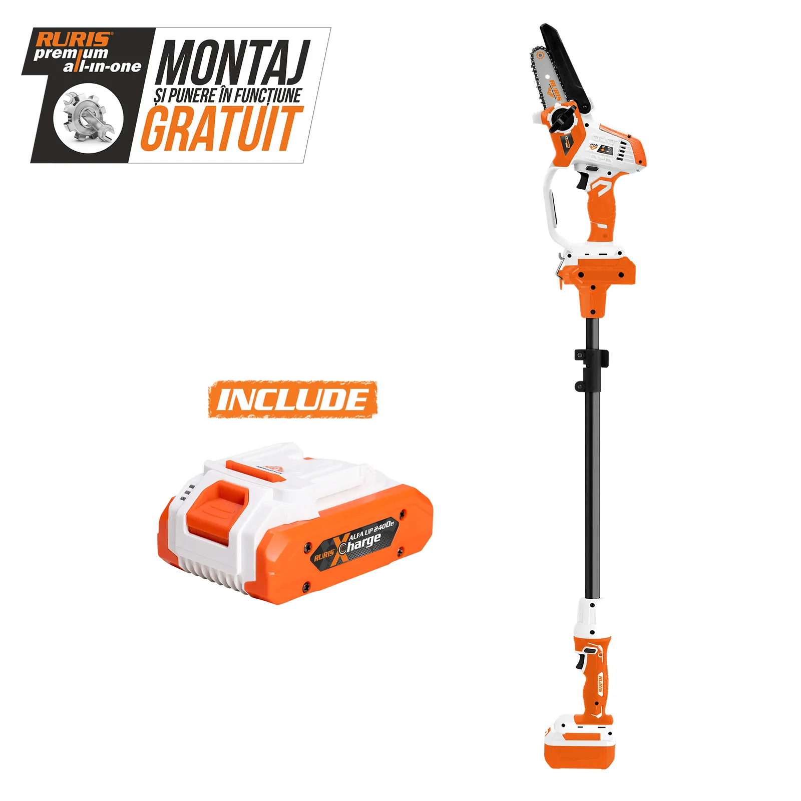 Electroferastrau telescopic pe acumulator RURIS 1424e Power Alfa Up, 20V, sina 10cm, lant 3/8” 1.3mm, brat telescopic 129-170cm, include acumulator 2400e X-Charge