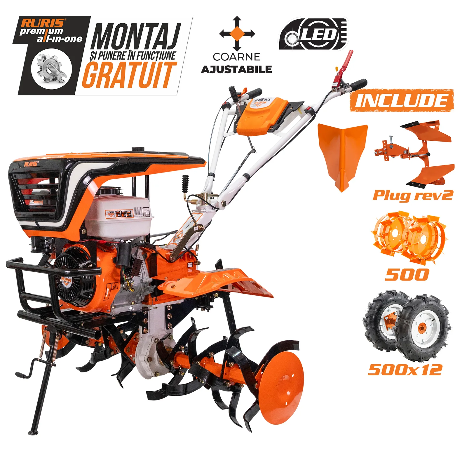 Motosapatoare RURIS 915acc + roti cauciuc 5.00-12+rarita+plug reversibil rev2+roti metalice 500