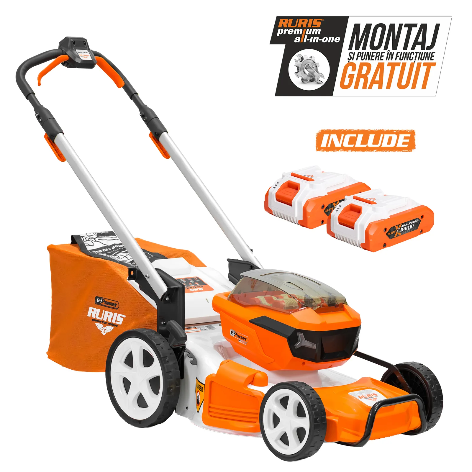 Masina de tuns gazon pe acumulator RURIS RXI4744e, 2x20V, autopropulsie, latime de taiere 470mm, include 2 acumulatori 2400e X-Charge
