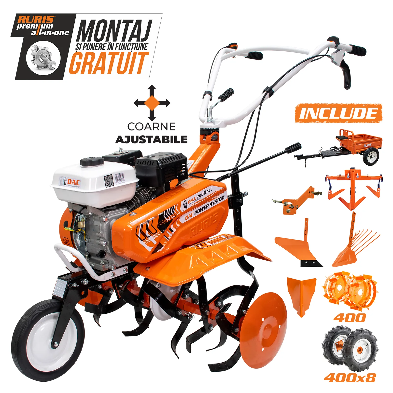 Motosapa DAC 7000acc4 + roti cauciuc 4.00-8+rarita+plug+adaptor+dispozitiv scos cartofi+roti metalice 400 fara manicot+cultivator+remorca RURIS 450s
