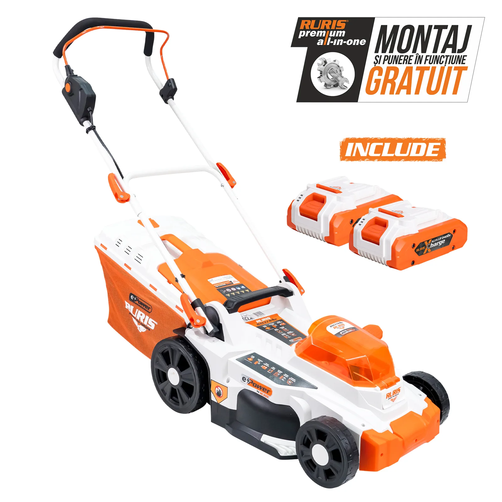 Masina de tuns gazon pe acumulator RURIS RXi3744e Power Alfa Up, 2x20V, latime de taiere 370mm, 3 functii (colectare/aruncare/mulching), include 2 acumulatori 2400e X-Charge