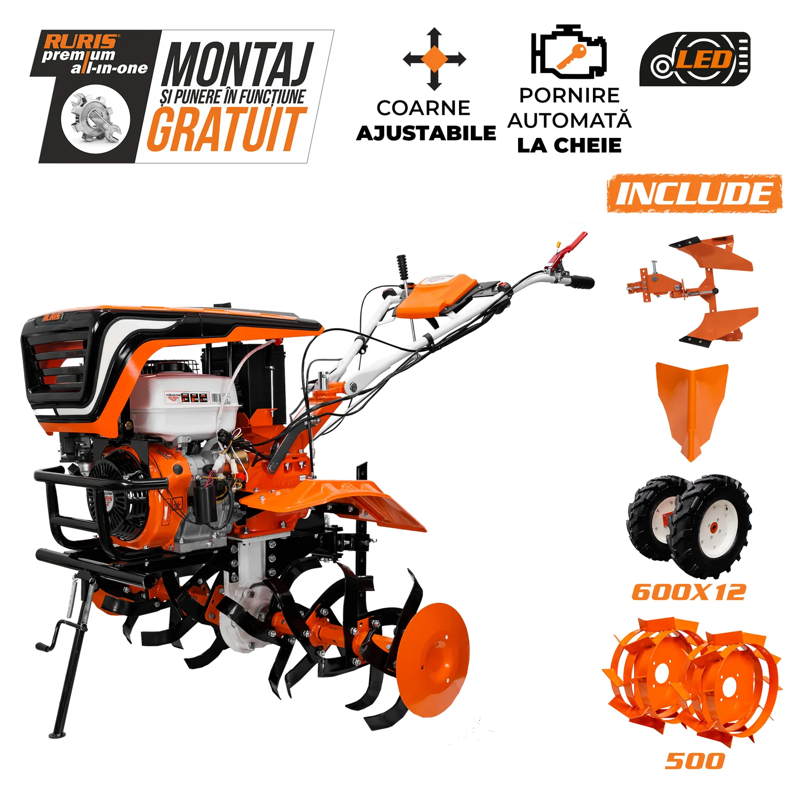 Motosapatoare RURIS 918acc pro+ roti cauciuc 6.00-12+rarita+plug reversibil rev2+roti metalice 500