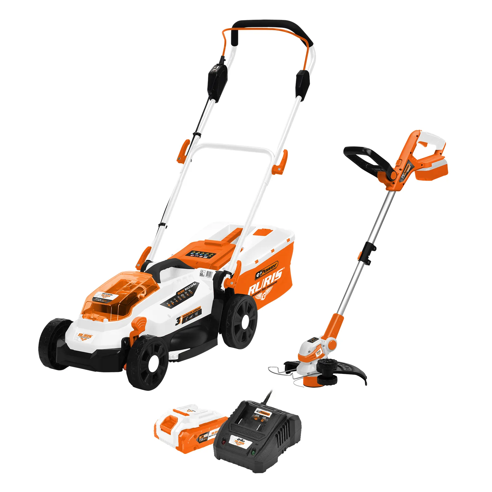 Pachet Peluza Perfecta: Masina de tuns gazon RURIS RXI3324e + Trimmer RURIS 2024e + Kit acumulator si incarcator RURIS Alfa Up 2424e
