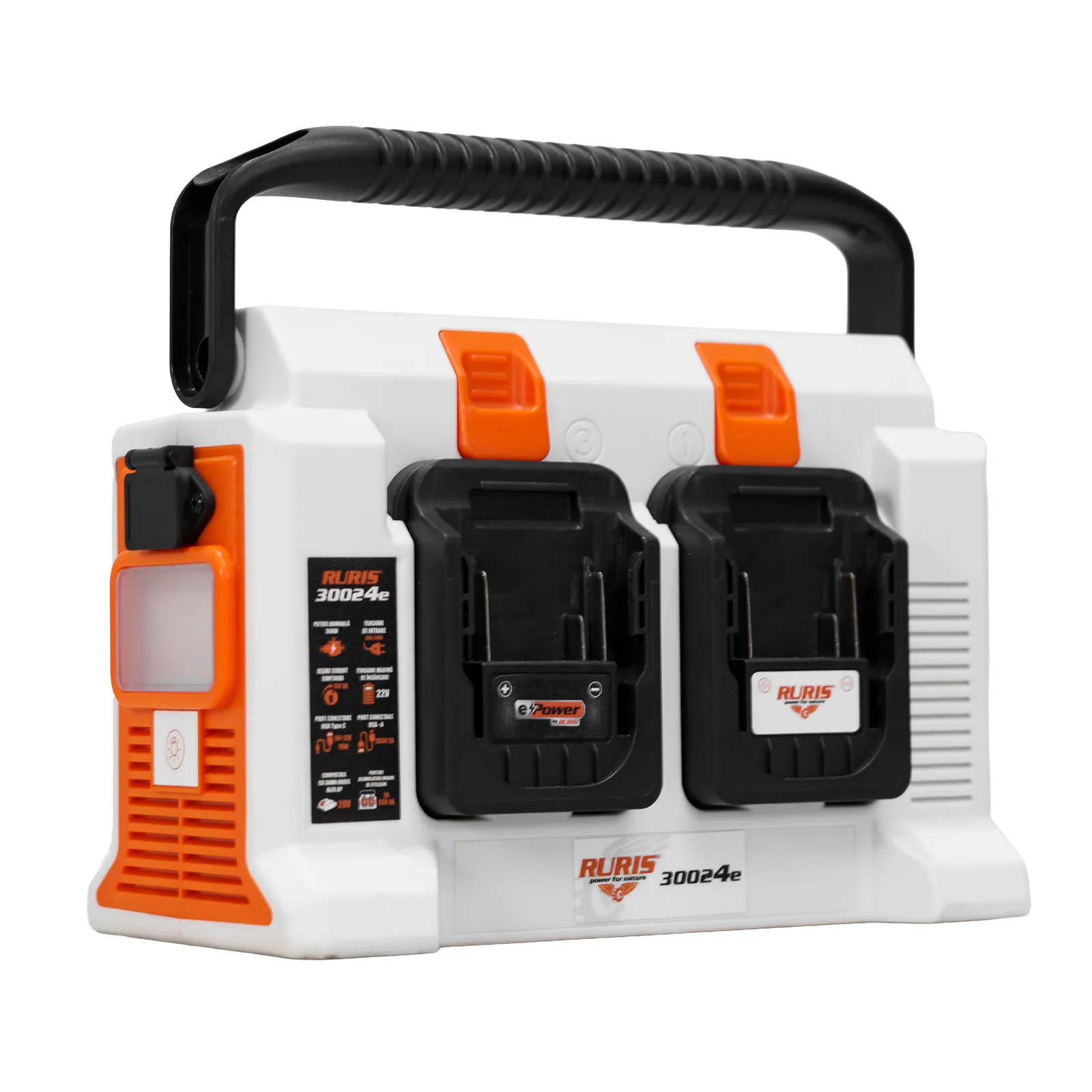Invertor portabil pe acumulator RURIS 30024e, putere nominala 300W, 4 porturi acumulatori, port USB-C 18W, include 4 acumulatori 2400e X-Charge