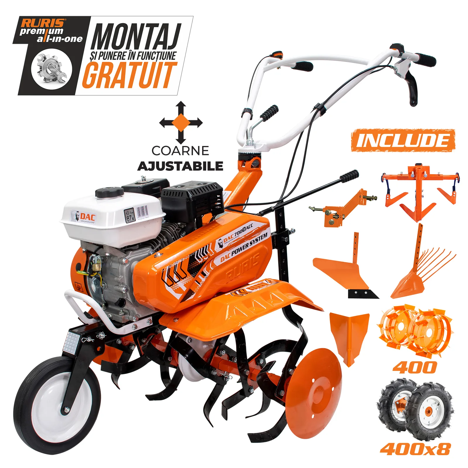 Motosapa DAC 7000acc3 + roti cauciuc 4.00-8+rarita+plug+adaptor+dispozitiv scos cartofi+roti metalice 400 fara manicot+cultivator