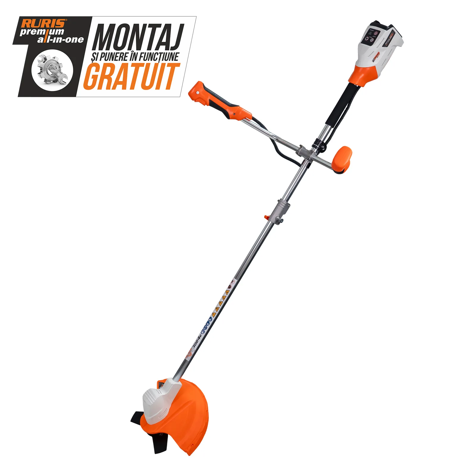 Motocoasa pe acumulator RURIS 3024e, 20V, 4Ah, diametru taiere 300mm (fir) / 255mm (cutit), fara acumulator si incarcator in setul de livrare