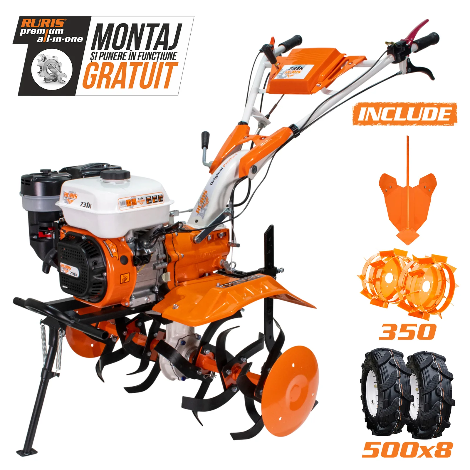 Motosapatoare RURIS 731k + roti cauciuc 5.00-8+rarita ajustabila+roti metalice 350 fara manicot