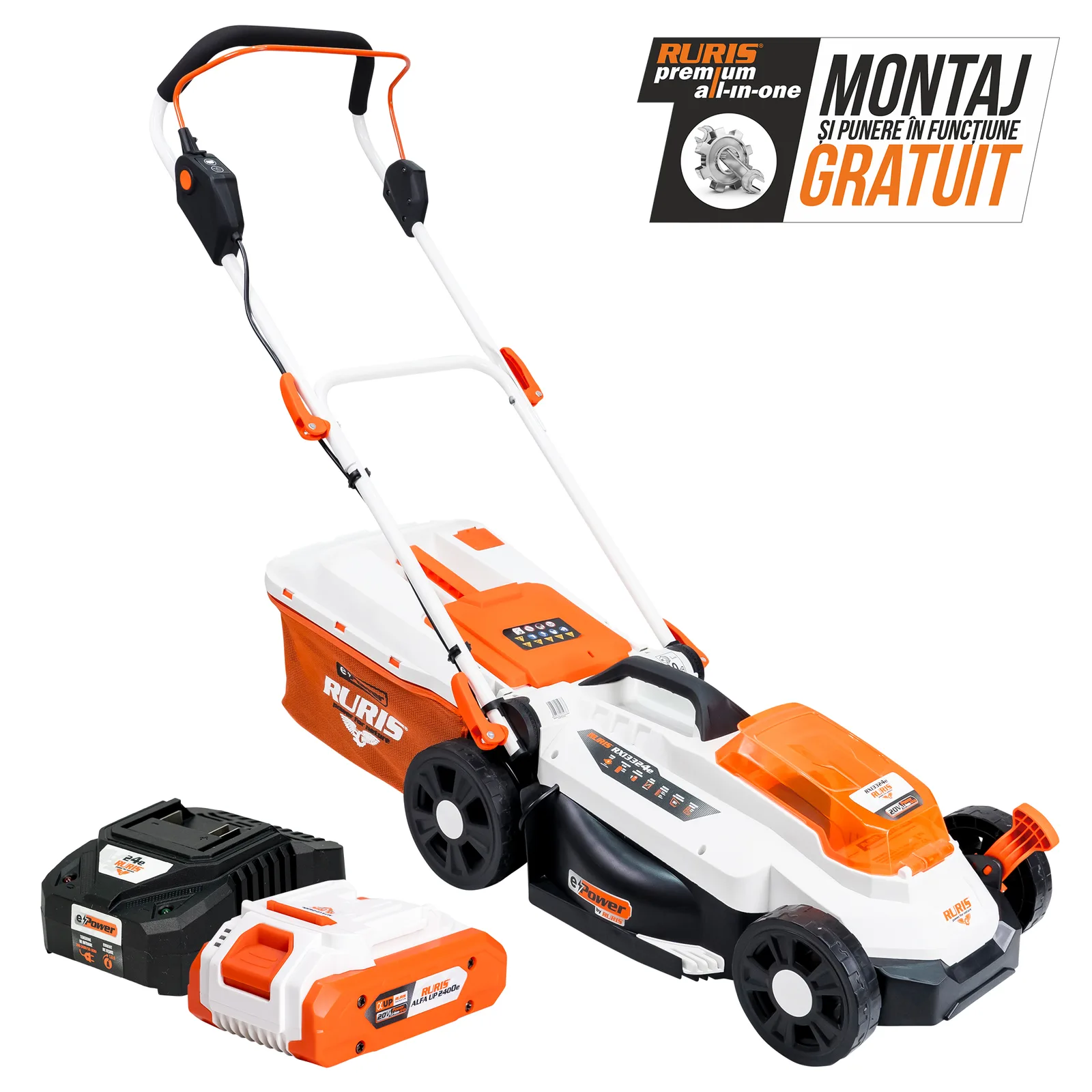 Masina de tuns gazon pe acumulator RURIS RXI3324e Power Alfa Up, 20V, latime de taiere 330mm, sac colector 30L, include acumulator si incarcator