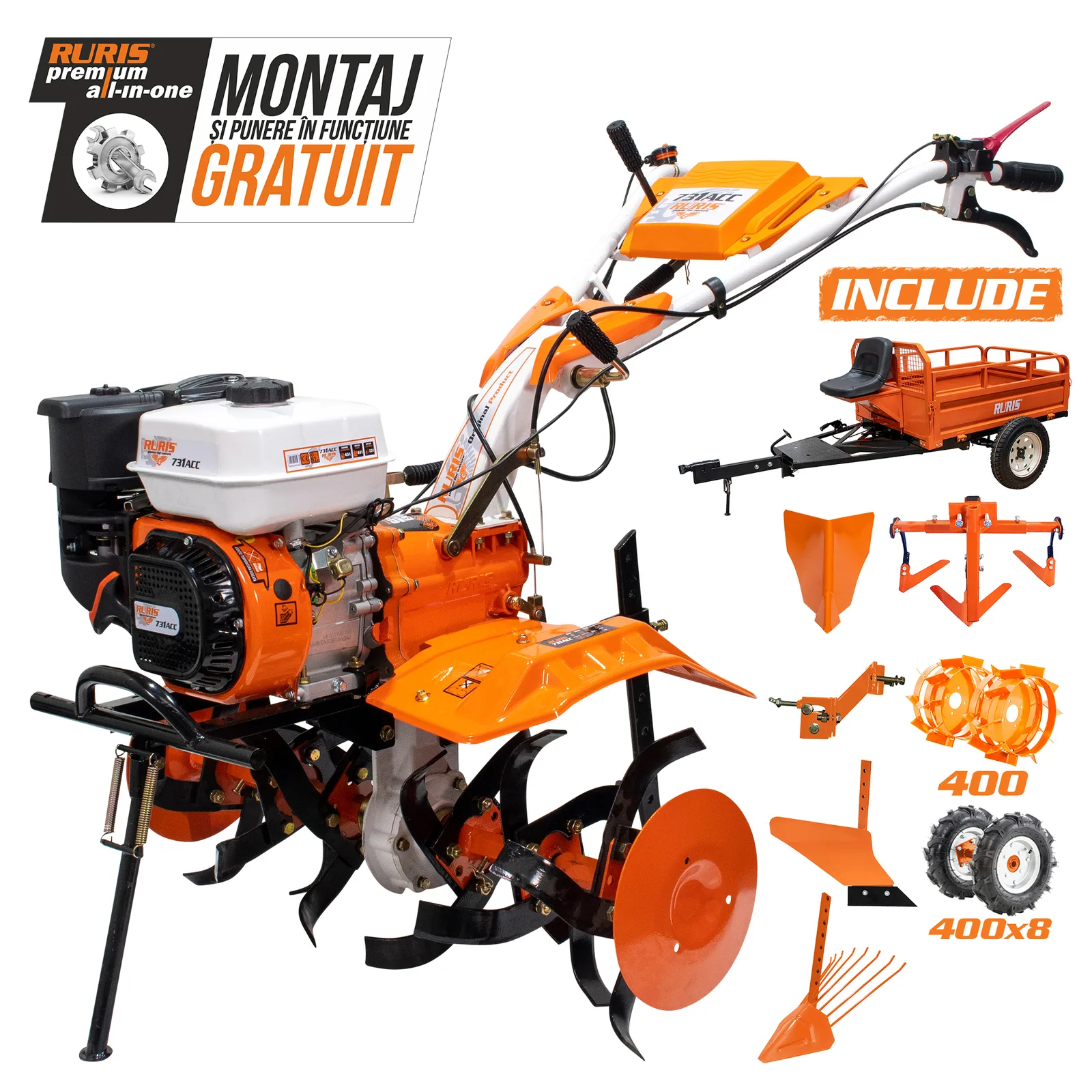 Motosapatoare RURIS 731acc3 + roti cauciuc 5.00-8+rarita+plug+adaptor+dispozitiv scos cartofi+roti metalice 400 fara manicot+cultivator+remorca RURIS 550s