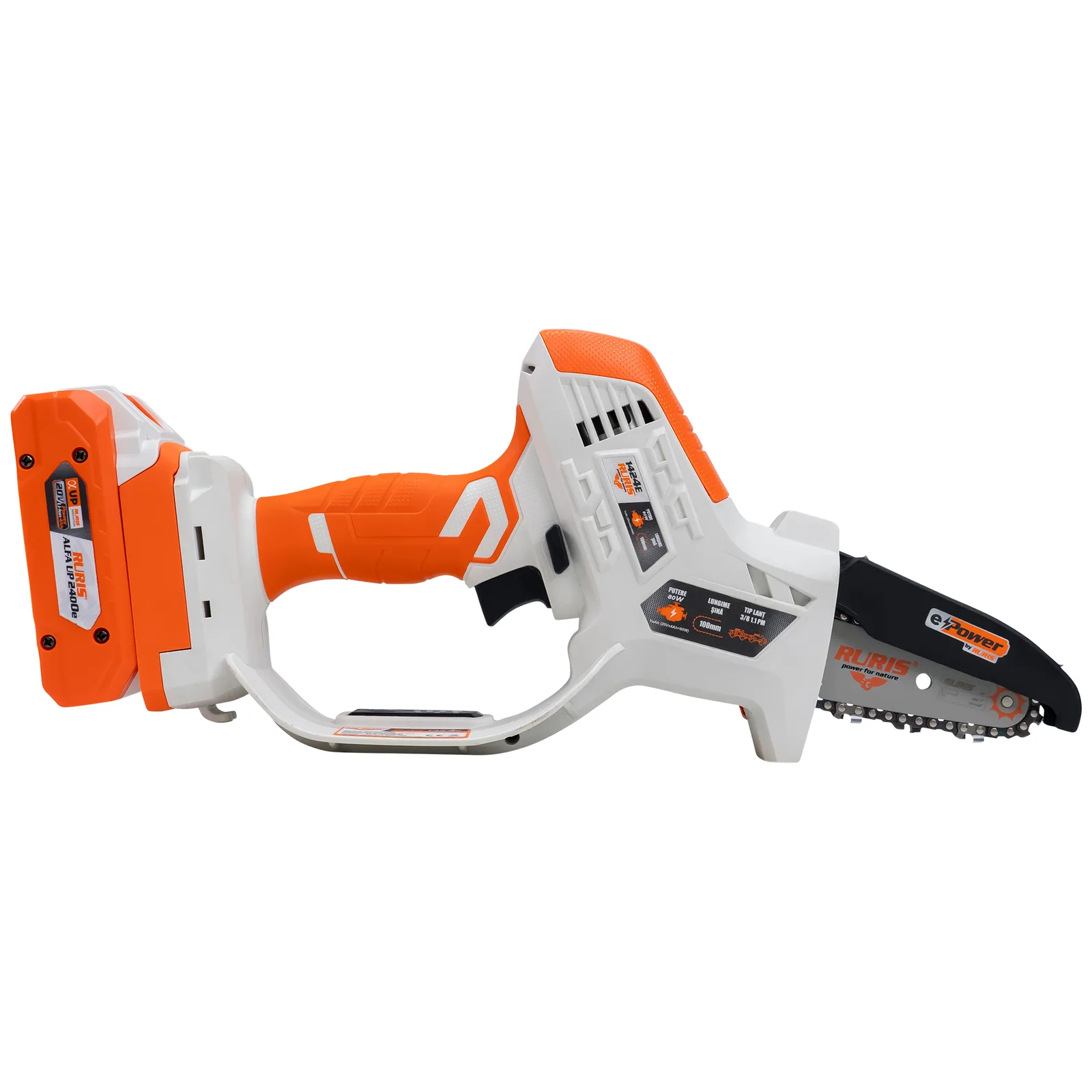 Electroferastrau telescopic pe acumulator RURIS 1424e Power Alfa Up, 20V, sina 10cm, lant 3/8” 1.3mm, brat telescopic 129-170cm, include acumulator 2400e X-Charge