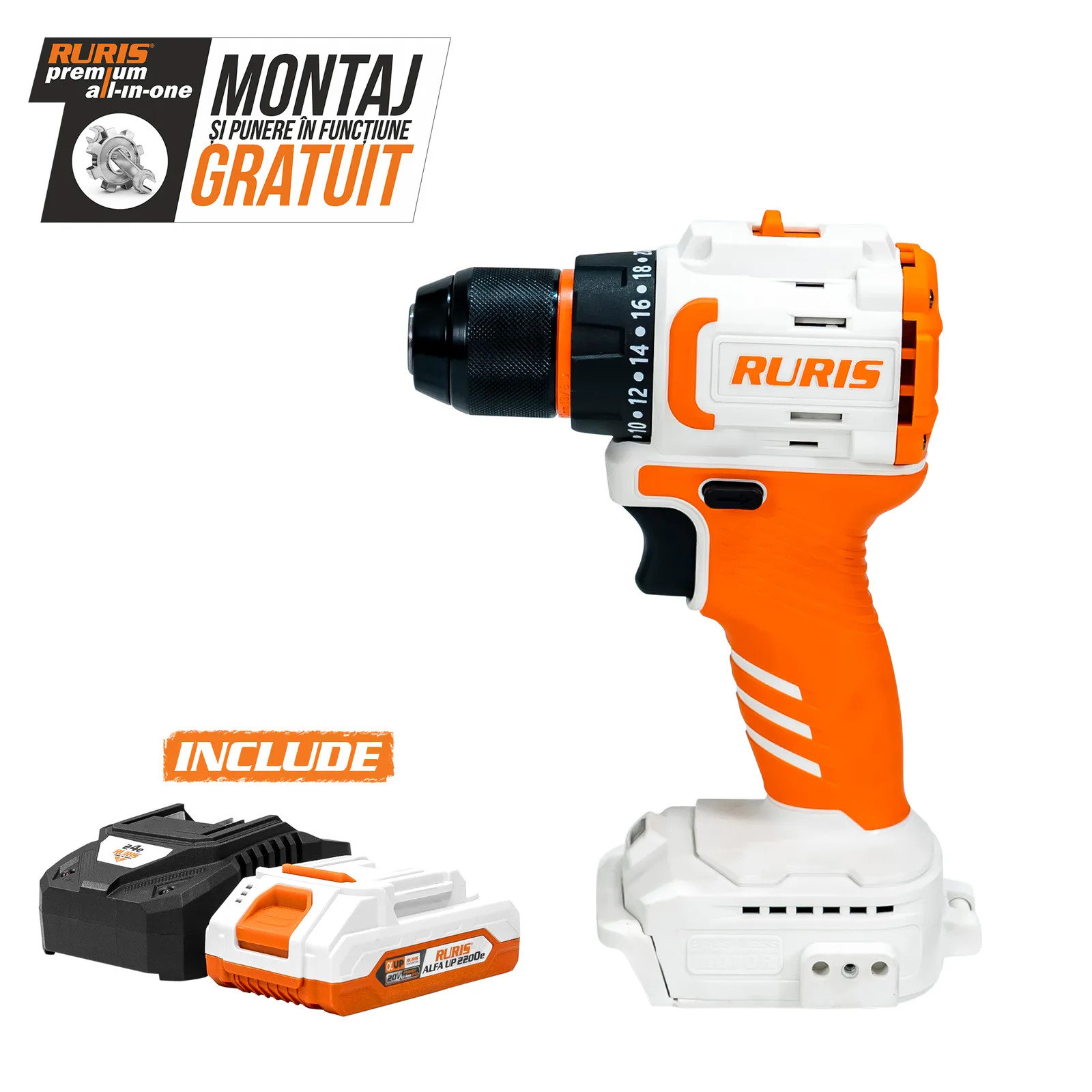 Masina de gaurit/insurubat pe acumulator RURIS RMX1240 Power Alfa Up, mandrina 0-10mm, include acumulator si incarcator