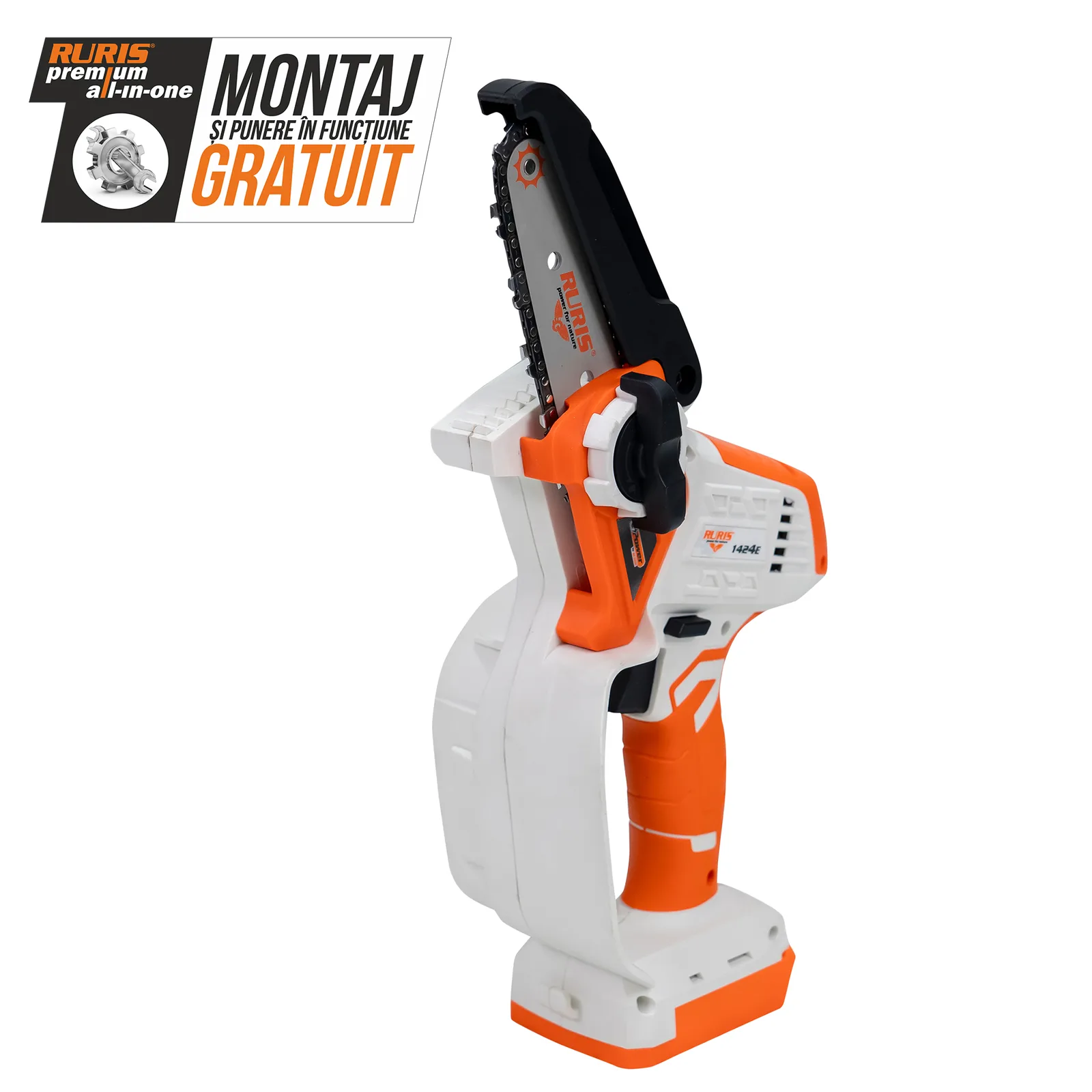 Electroferastrau telescopic pe acumulator RURIS 1424e, 20V, 4Ah, sina 10cm, lant 3/8” 1.3mm, brat telescopic 129-170cm, fara acumulator si incarcator in setul de livrare