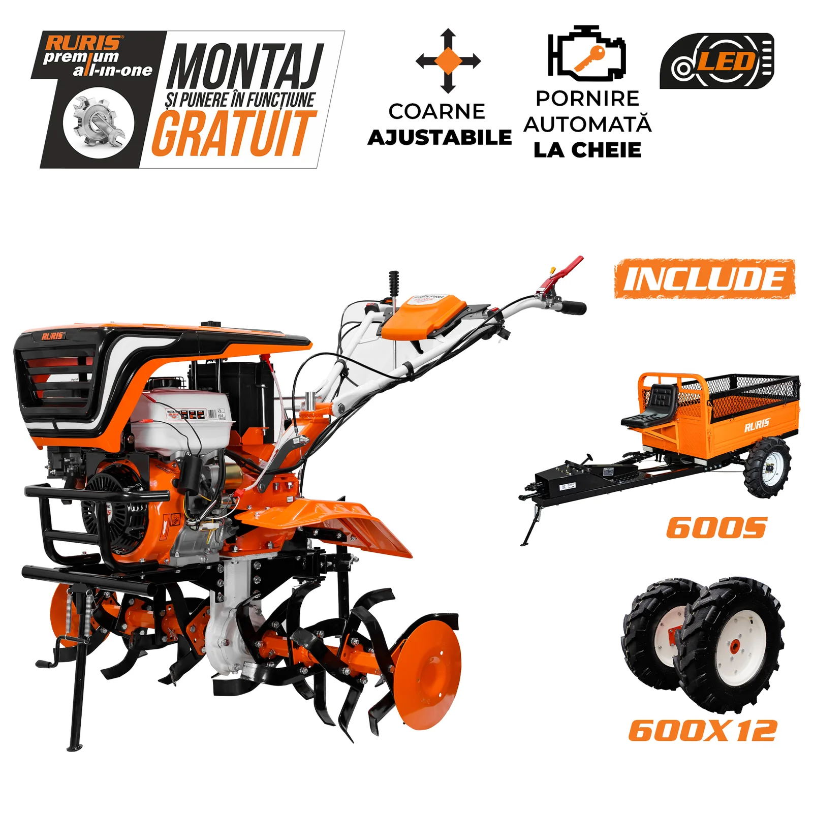 Motosapatoare RURIS 918k pilot + roti cauciuc 6.00-12+rarita+remorca 4×4 600s