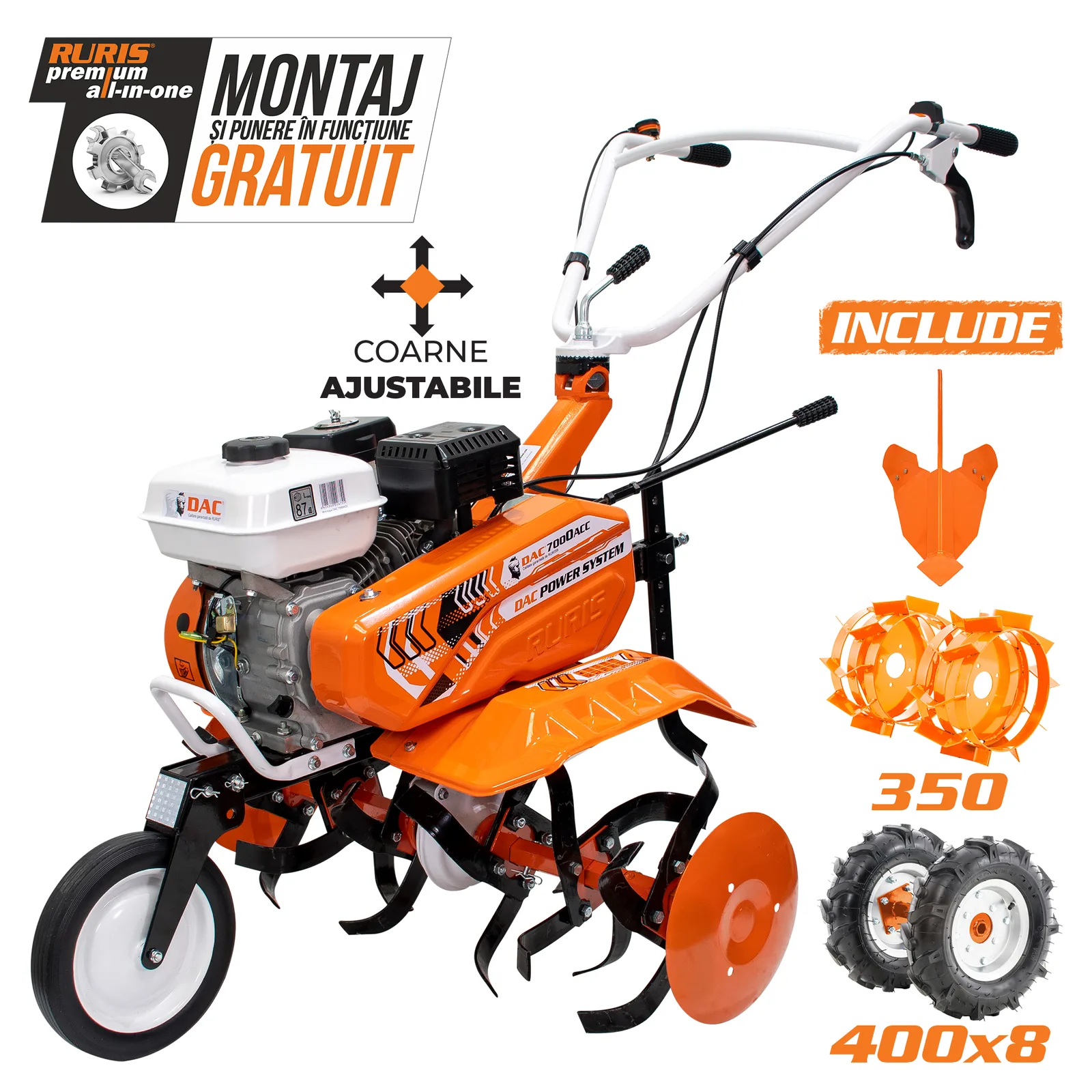 Motosapa DAC 7000acc1 + roti cauciuc 4.00-8+rarita ajustabila+roti metalice 350 fara manicot