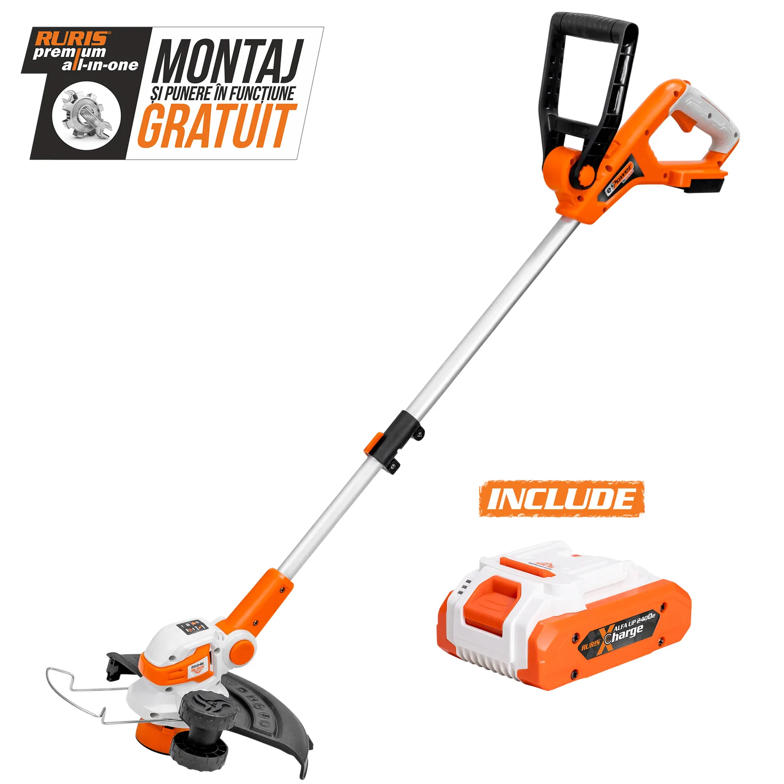 Trimmer pe acumulator RURIS 2024e Power Alfa Up, 20V, diametru taiere 300mm, diametru fir 1.6mm, include acumulator 2400e X-Charge