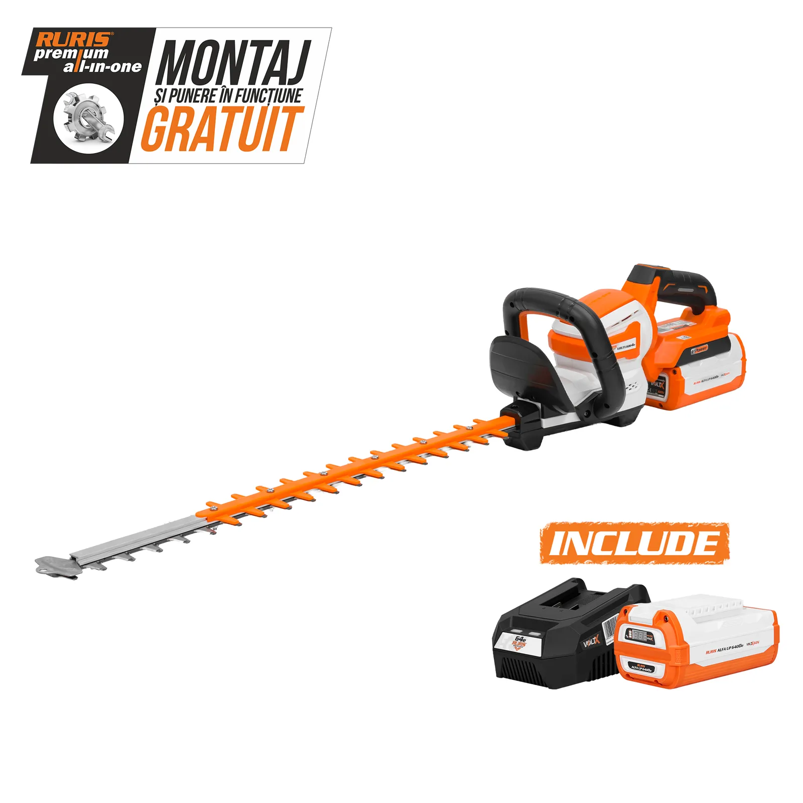 Electrofoarfeca pe acumulator RURIS VoltX 6064e, 60V, lama 650mm, maner rotativ in 5 pozitii, include acumulator Alfa Up 6400e si incarcator 64e