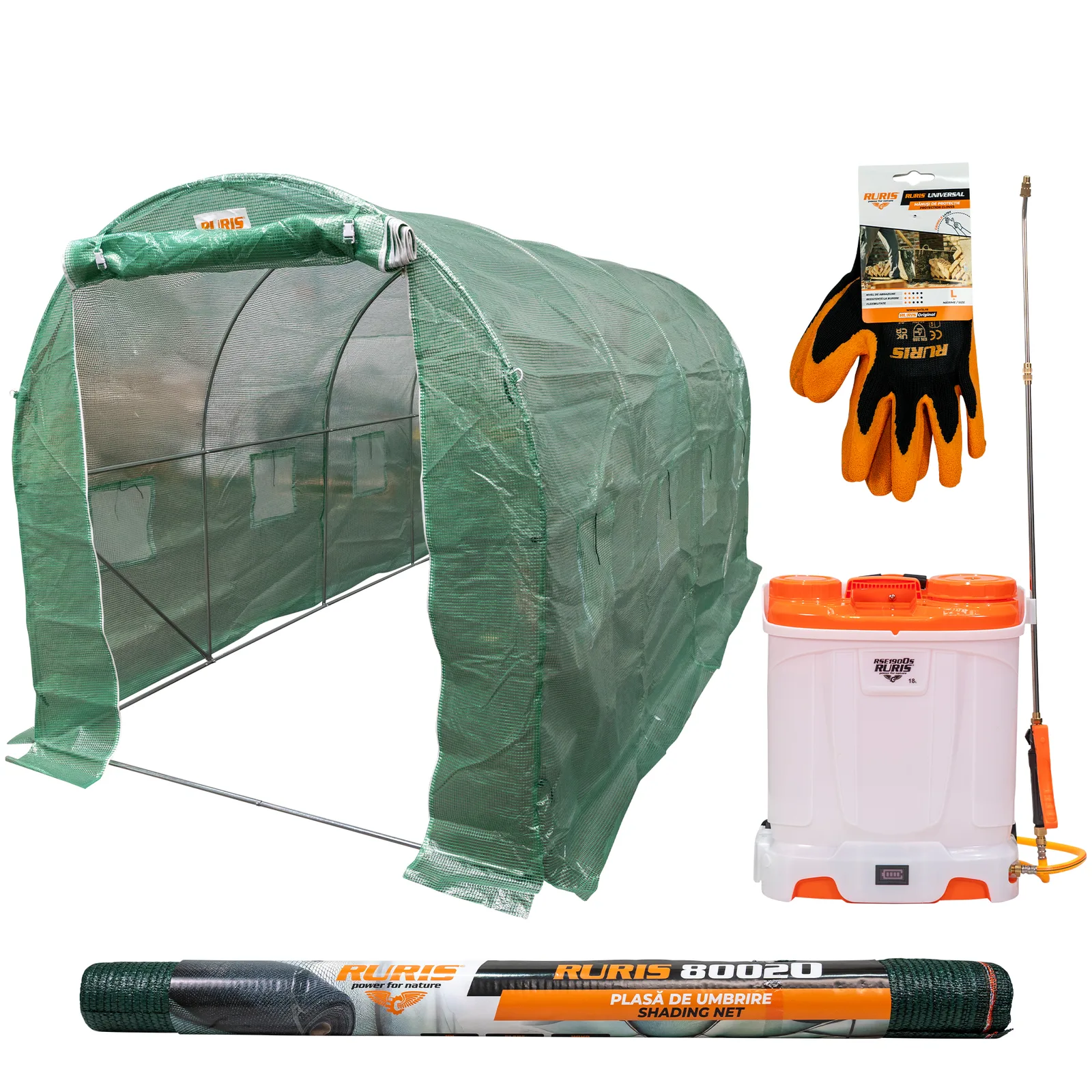 Pachet Fermierul Gospodar,- pulverizator electric RURIS rse 1900s + Solariu RURIS 400 + Plasa de umbrire RURIS 80020 + manusi de protectie RURIS Universal, size L