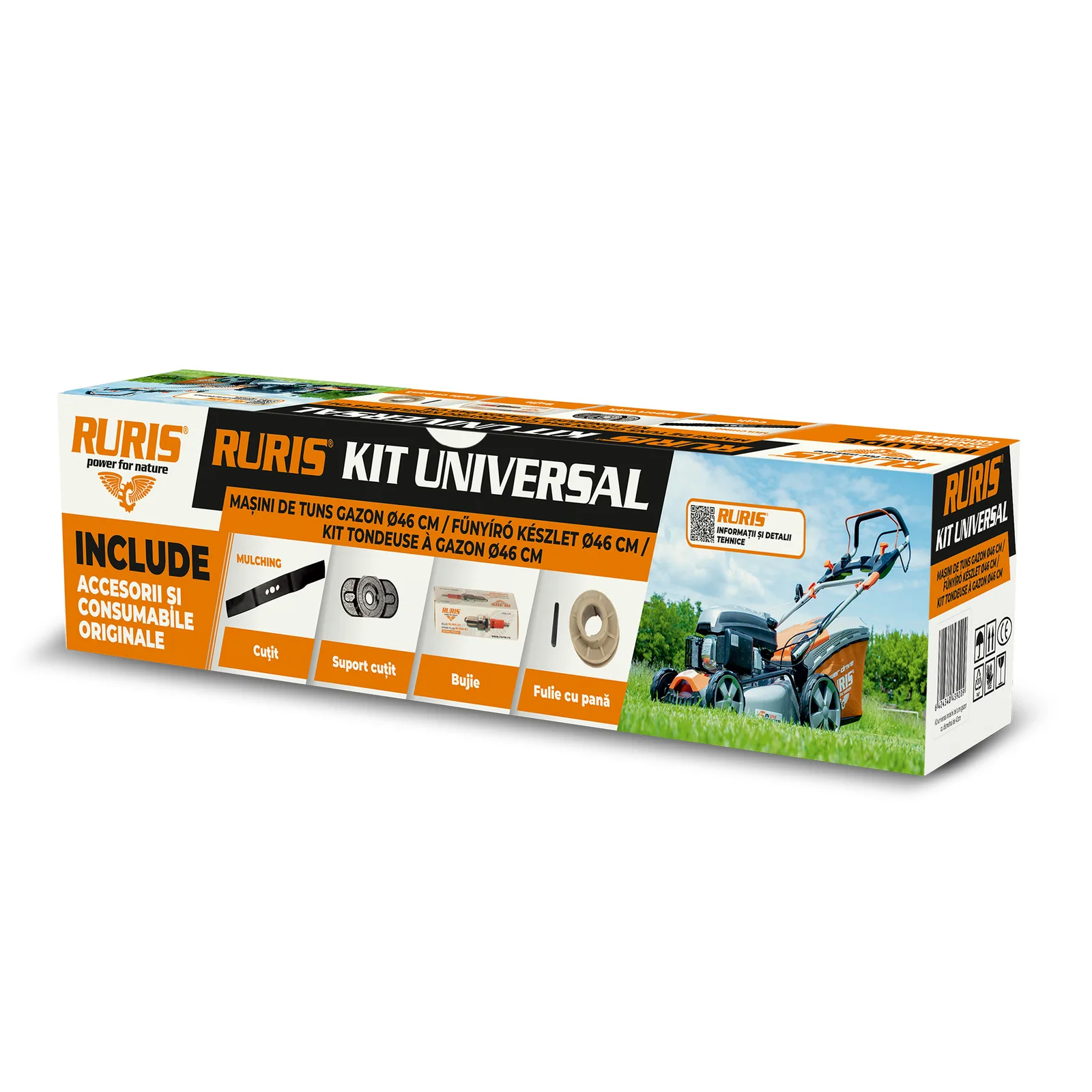 Kit universal masini gazon cu diam 46cm{cutit mulching ,bujie, adaptor univ, adapt fulie,kit surub}