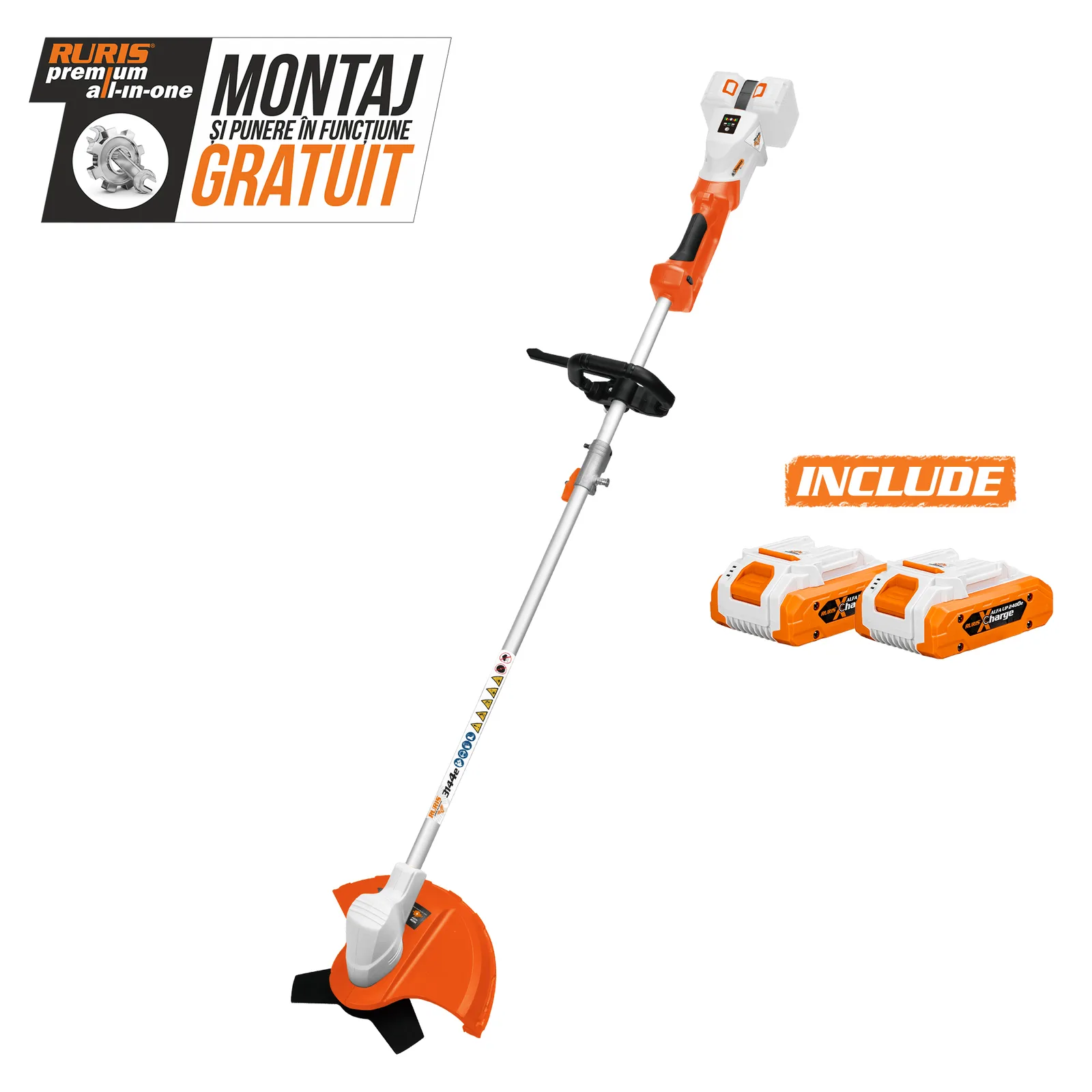 Motocoasa de umar pe acumulator RURIS 3144e, 2x20V, diametru taiere 300mm (fir) / 255mm (cutit), include 2 acumulatori 2400e X-Charge