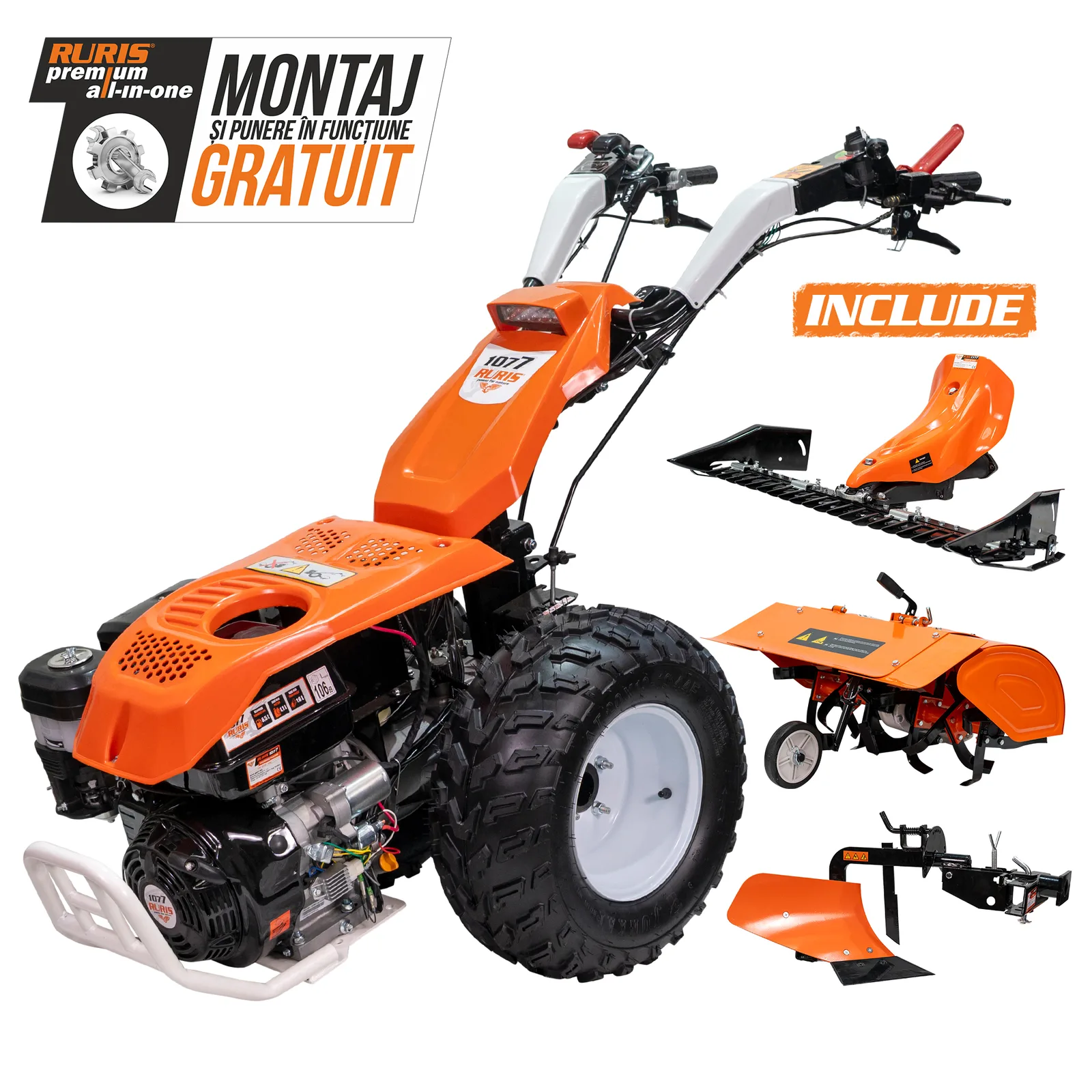 Motocultivator RURIS 1077CSP + lama de cosit CX77 + freza de sapat SX77 + plug PX77