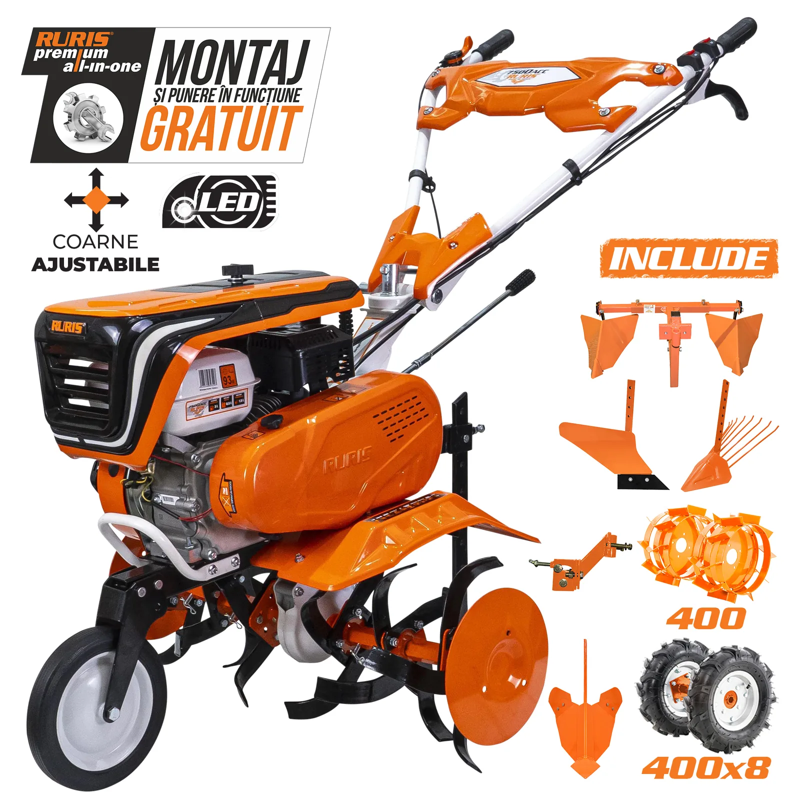 Motosapa RURIS 7500acc5 + roti cauciuc 4.00-8+rarita ajustabila+plug+adaptor+dispozitiv cartofi+cultivator multifunctional+roti metalice 400 fara manicot
