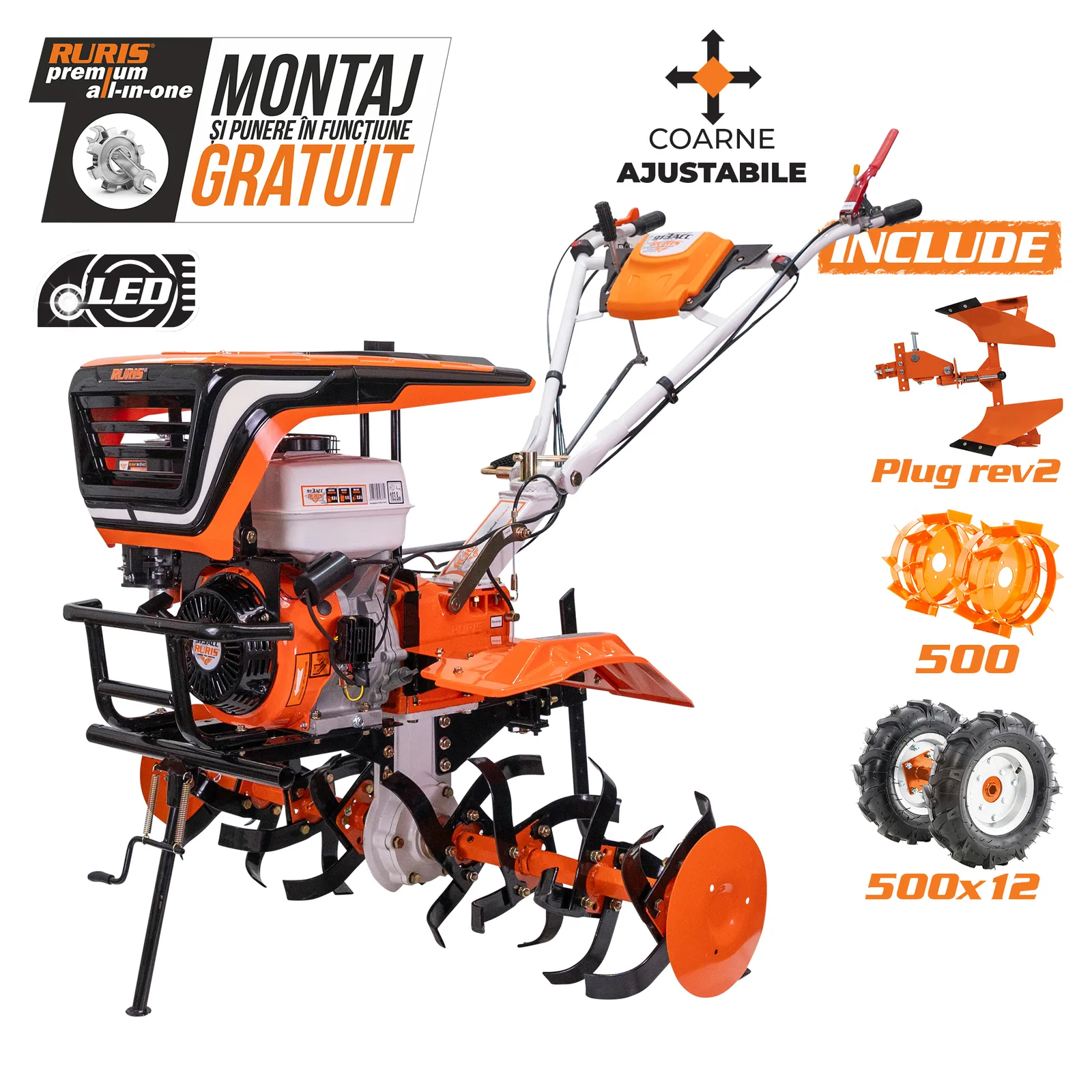 Motosapatoare RURIS 913acc + roti cauciuc 5.00-12+plug reversibil rev2+roti metalice 500