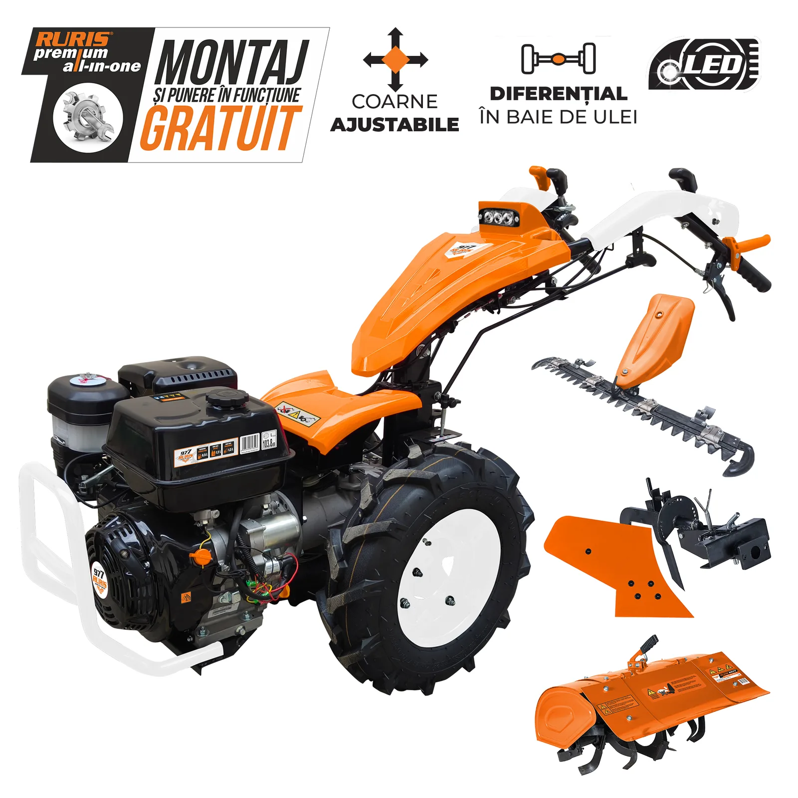Motocultivator RURIS 977csp + lama de cosit 977s + freza de sapat s977 + plug p977