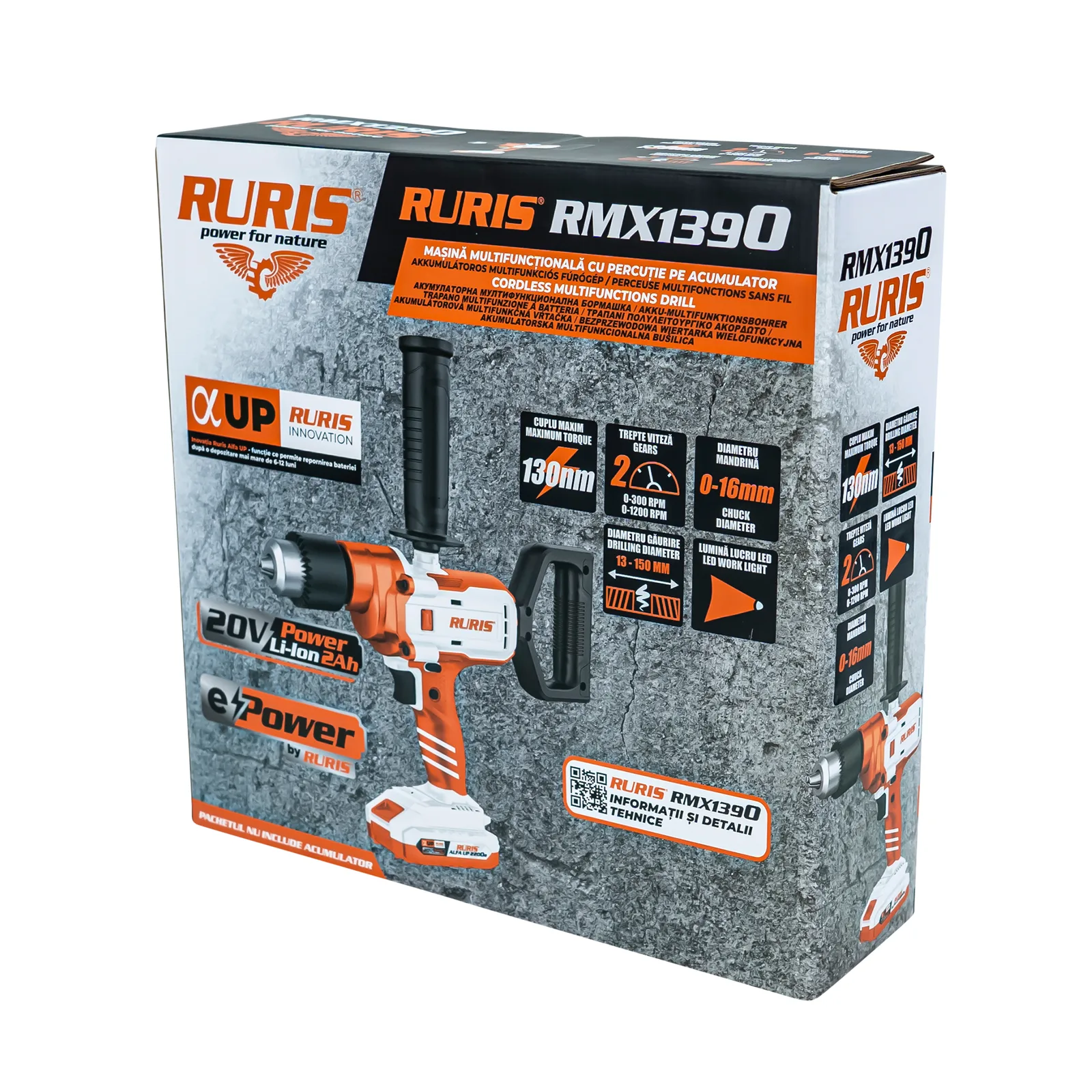 Masina de gaurit multifunctionala pe acumulator RURIS RMX1390 Power Alfa Up, mandrina 3-16mm, include acumulator 2400e X-Charge