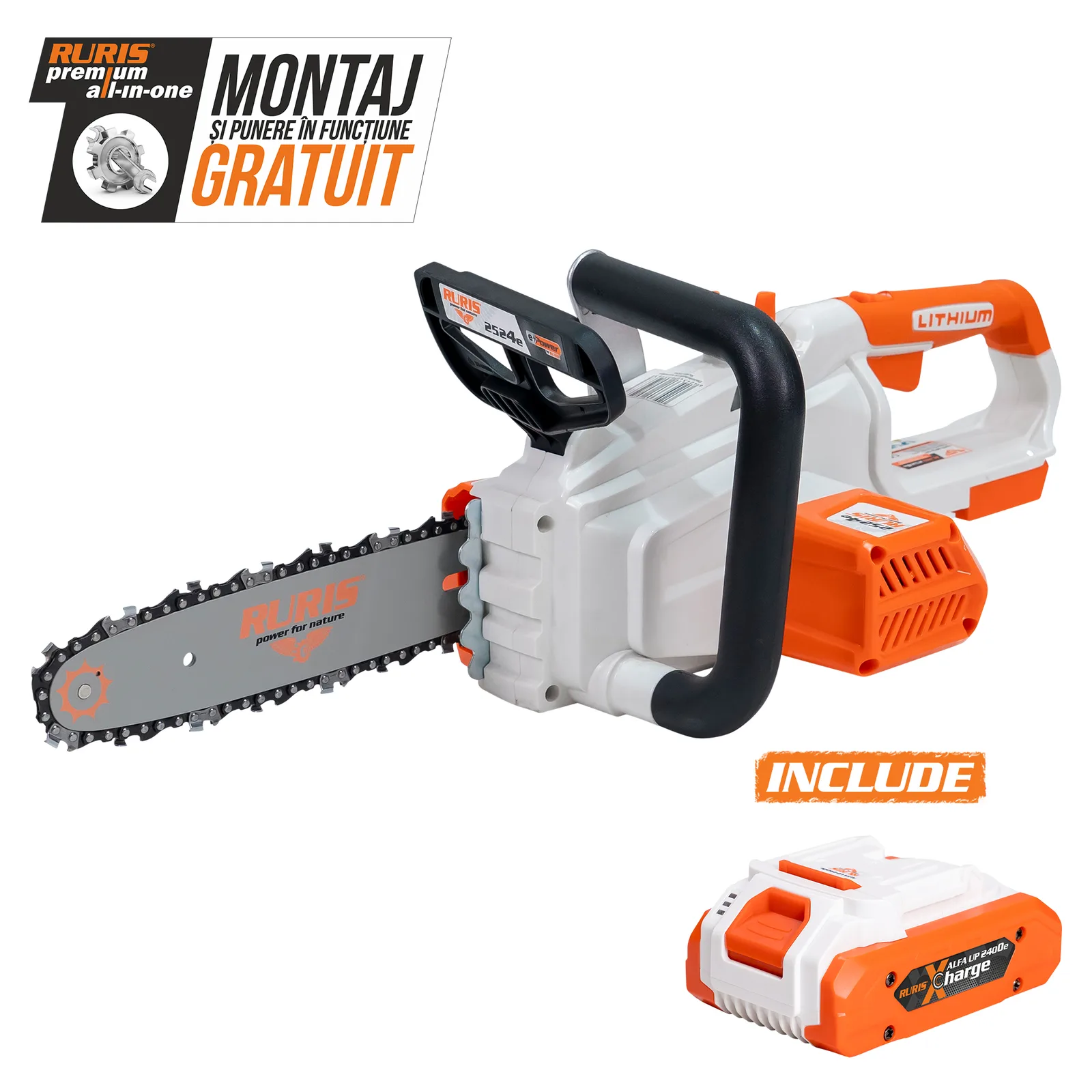 Electroferastrau pe acumulator RURIS 2524e Power Alfa Up, 20V, sina 250mm (10”), lant 3/8” 1.3mm, include acumulator 2400e X-Charge