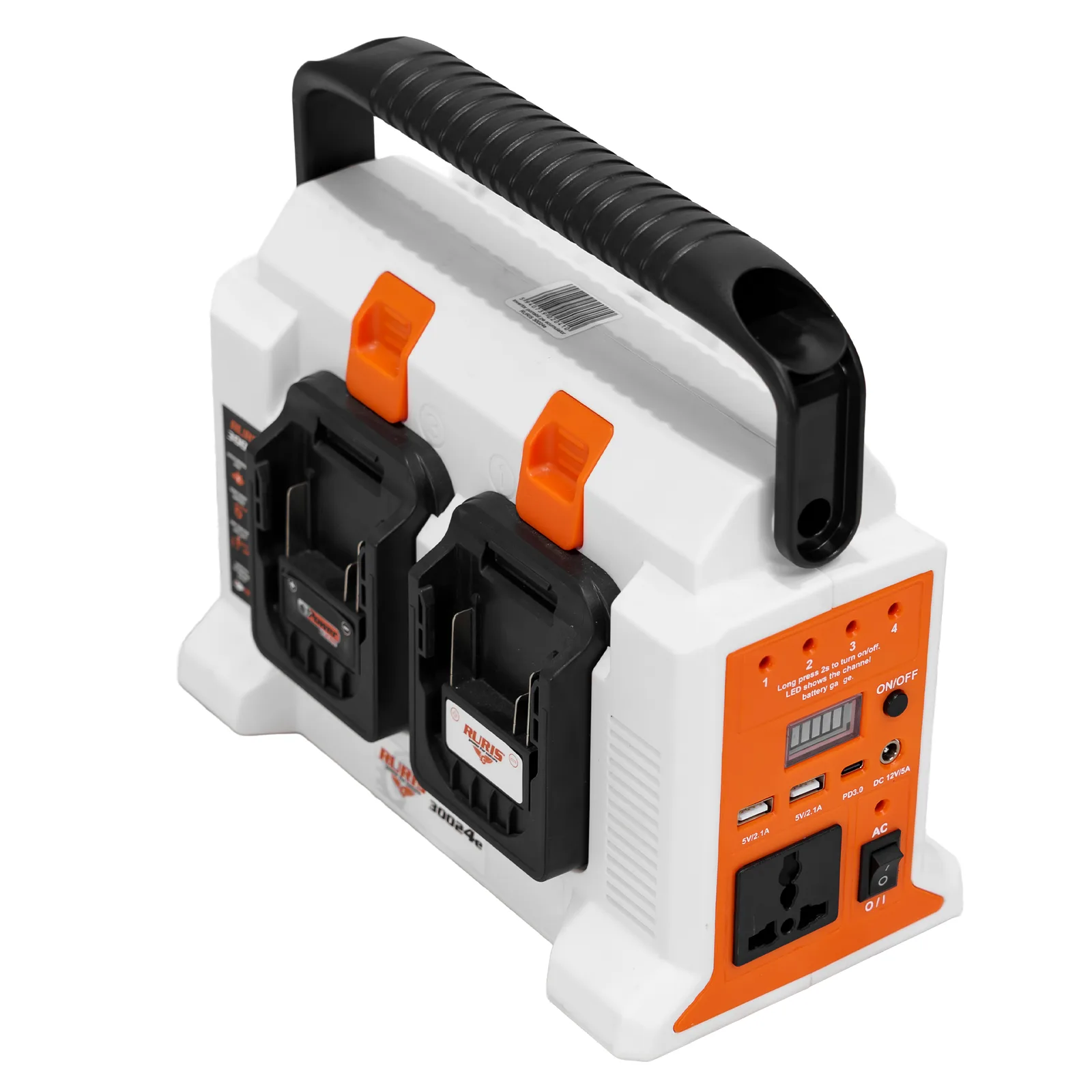Invertor portabil pe acumulator RURIS 30024e, putere nominala 300W, 4 porturi acumulatori, port USB-C 18W, include 4 acumulatori 2400e X-Charge