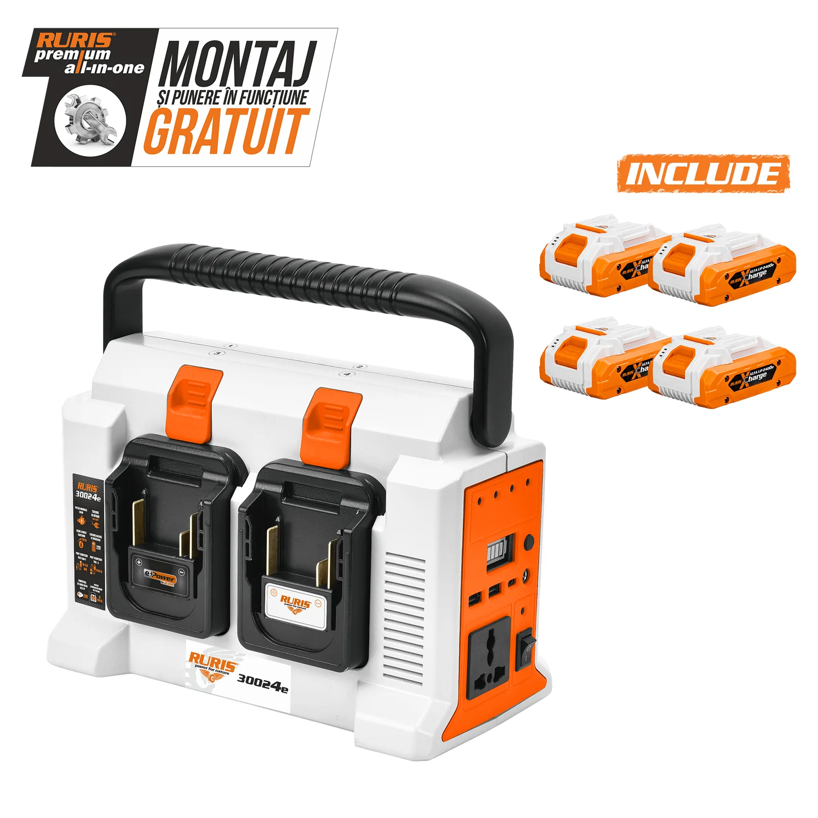 Invertor portabil pe acumulator RURIS 30024e, putere nominala 300W, 4 porturi acumulatori, port USB-C 18W, include 4 acumulatori 2400e X-Charge