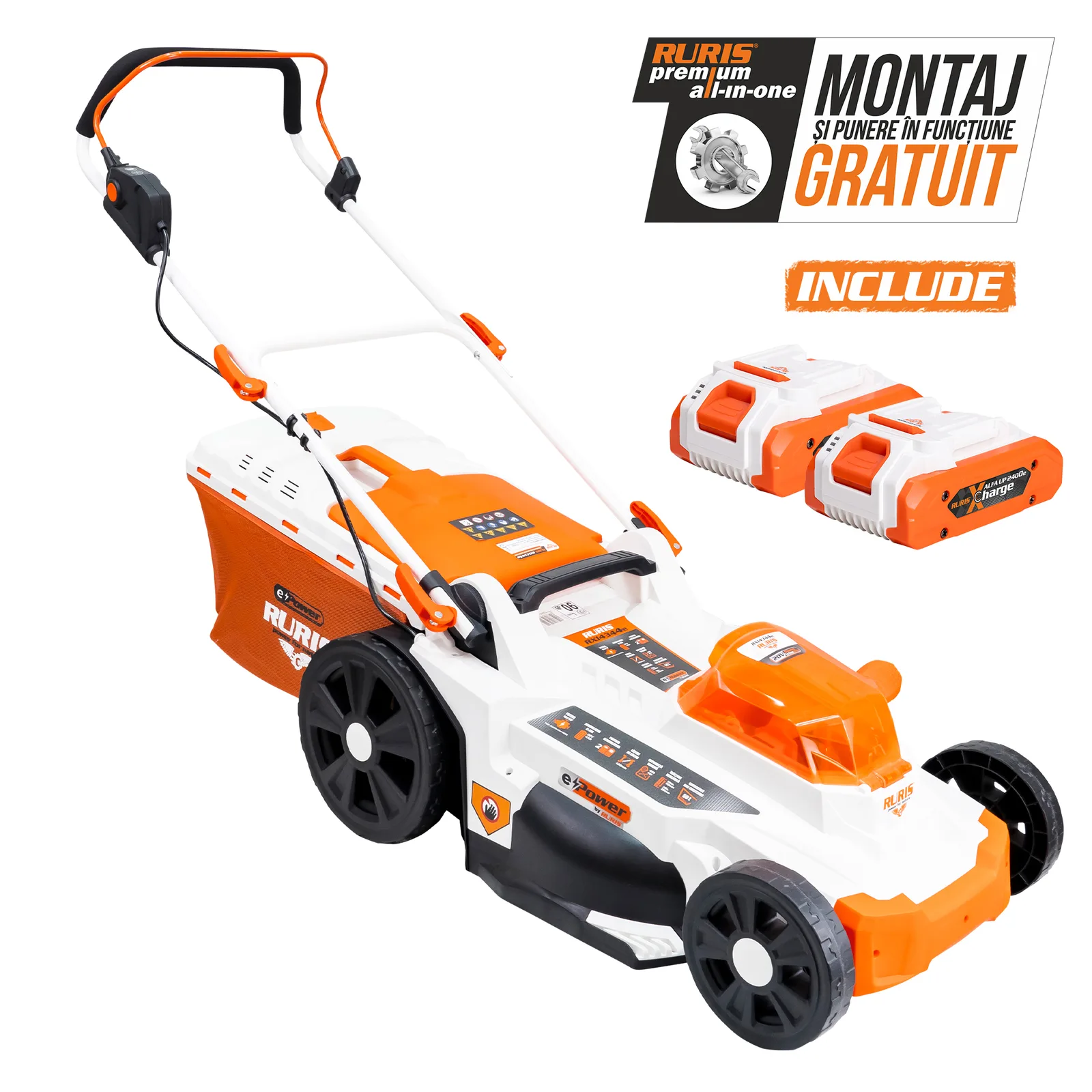 Masina de tuns gazon pe acumulator RURIS RXI4344e Power Alfa Up, 2x20V, latime de taiere 430mm, 3 functii (colectare/aruncare/mulching), include 2 acumulatori 2400e X-Charge