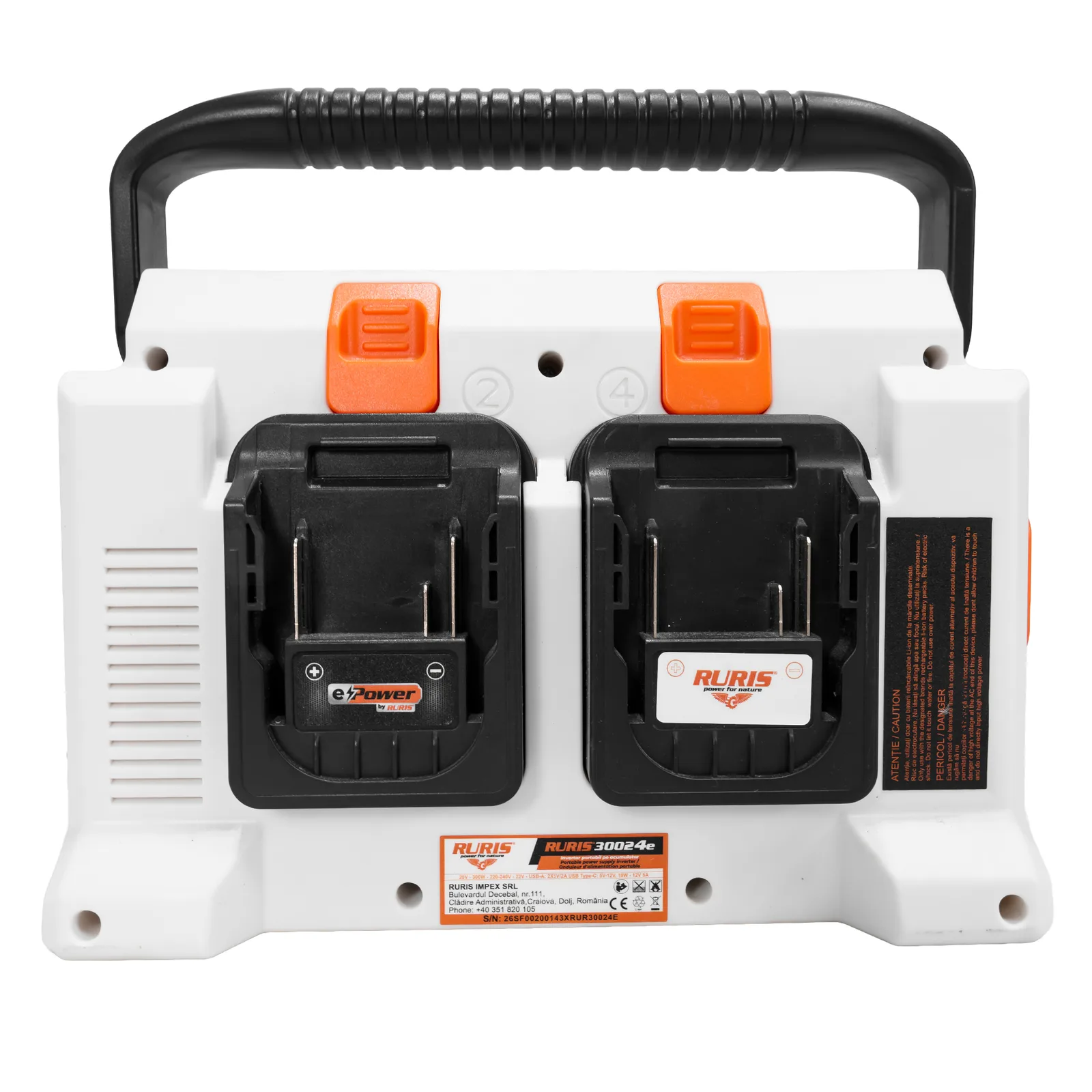 Invertor portabil pe acumulator RURIS 30024e, putere nominala 300W, 4 porturi acumulatori, port USB-C 18W, include 4 acumulatori 2400e X-Charge