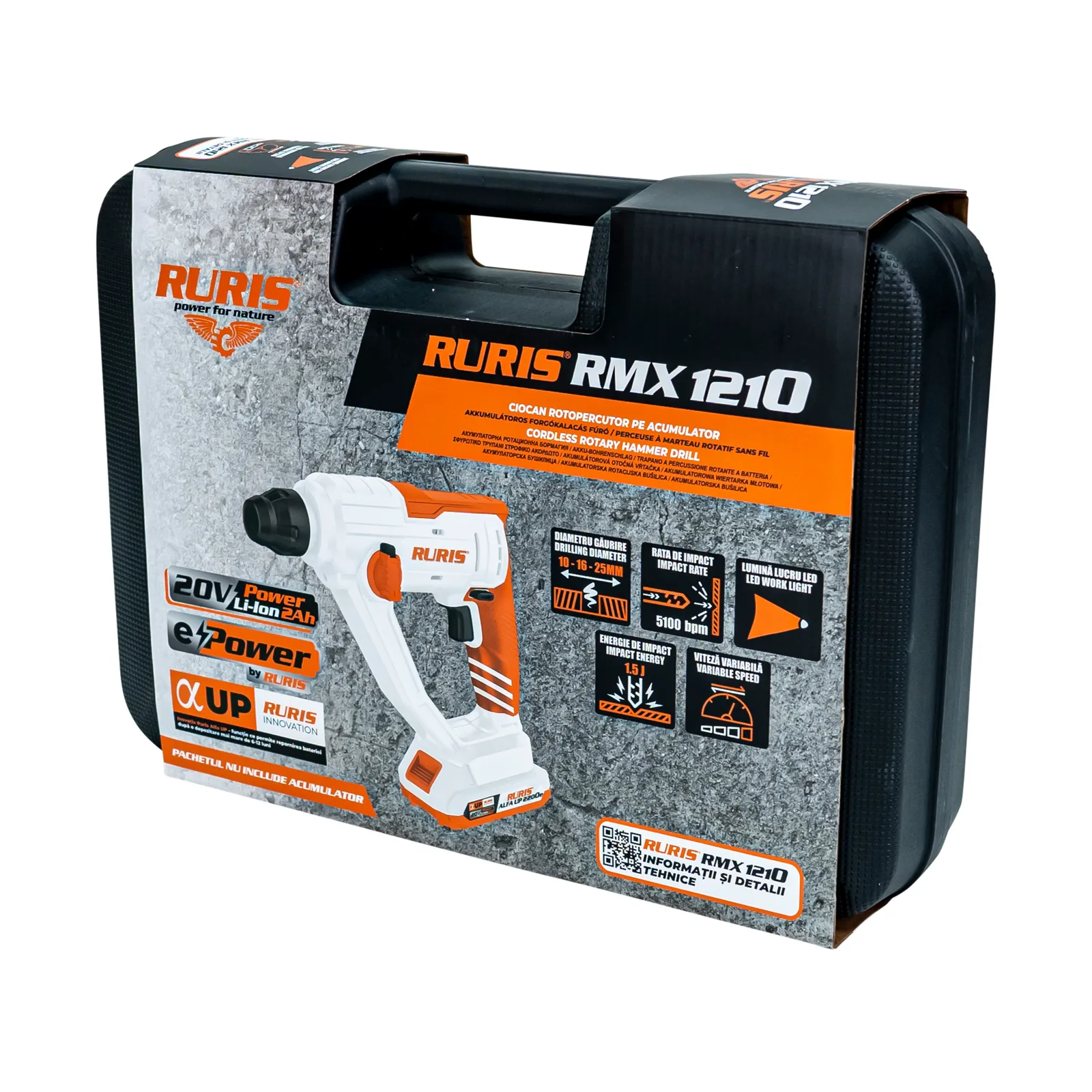 Ciocan rotopercutor pe acumulator RURIS RMX1210, SDS Plus, fara acumulator in setul de livrare