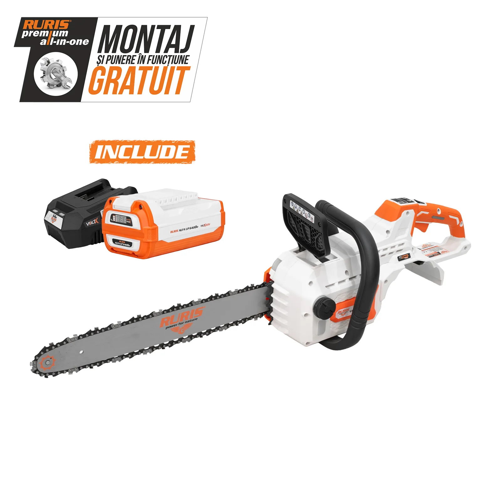 Electroferastrau pe acumulator RURIS VoltX 4564e, 60V, sina 450mm, viteza lant 25 m/s, include acumulator Alfa Up 6400e si incarcator 64e