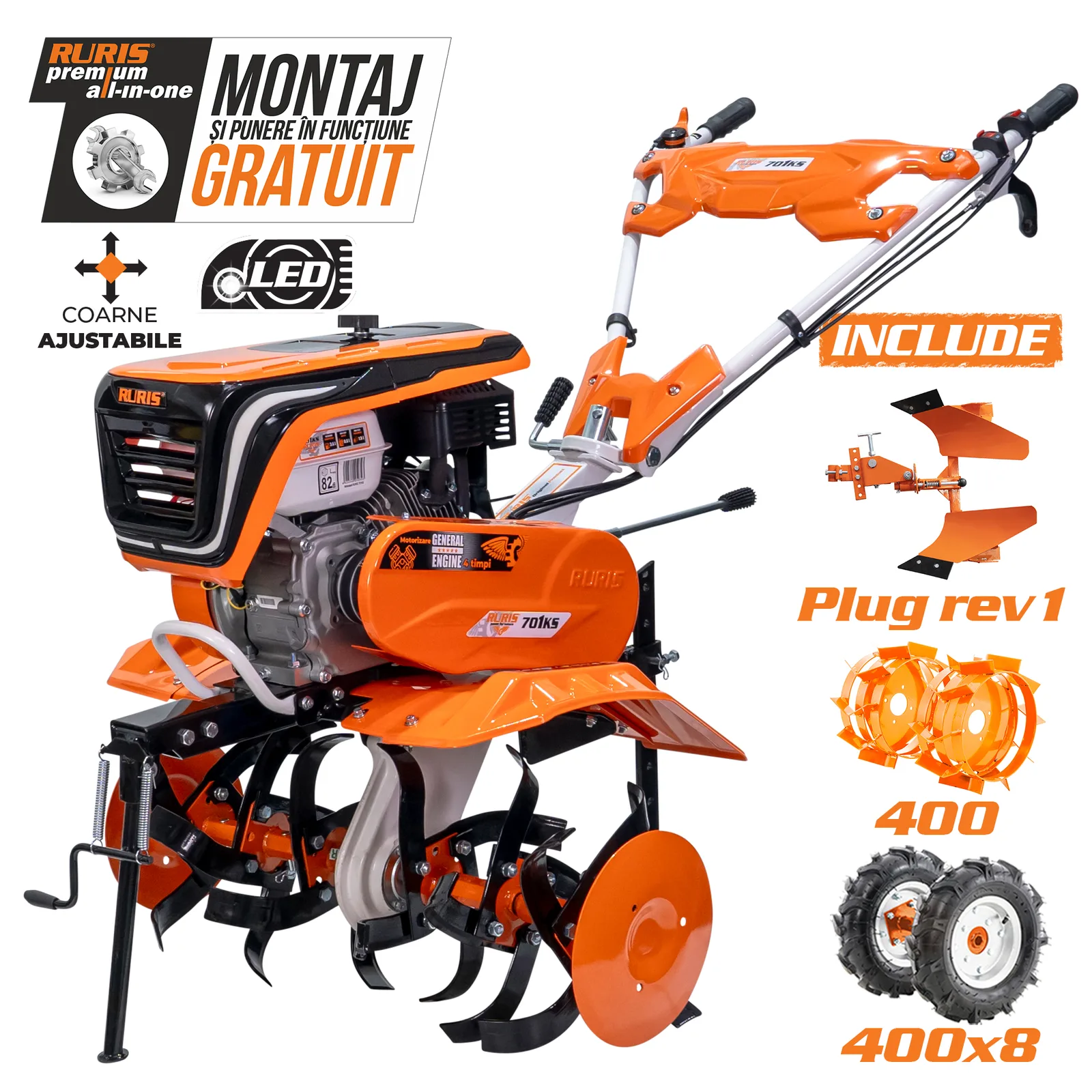 Motosapa RURIS 701ks + roti cauciuc 4.00-8+plug reversibil rev1+roti metalice 400 fara manicot