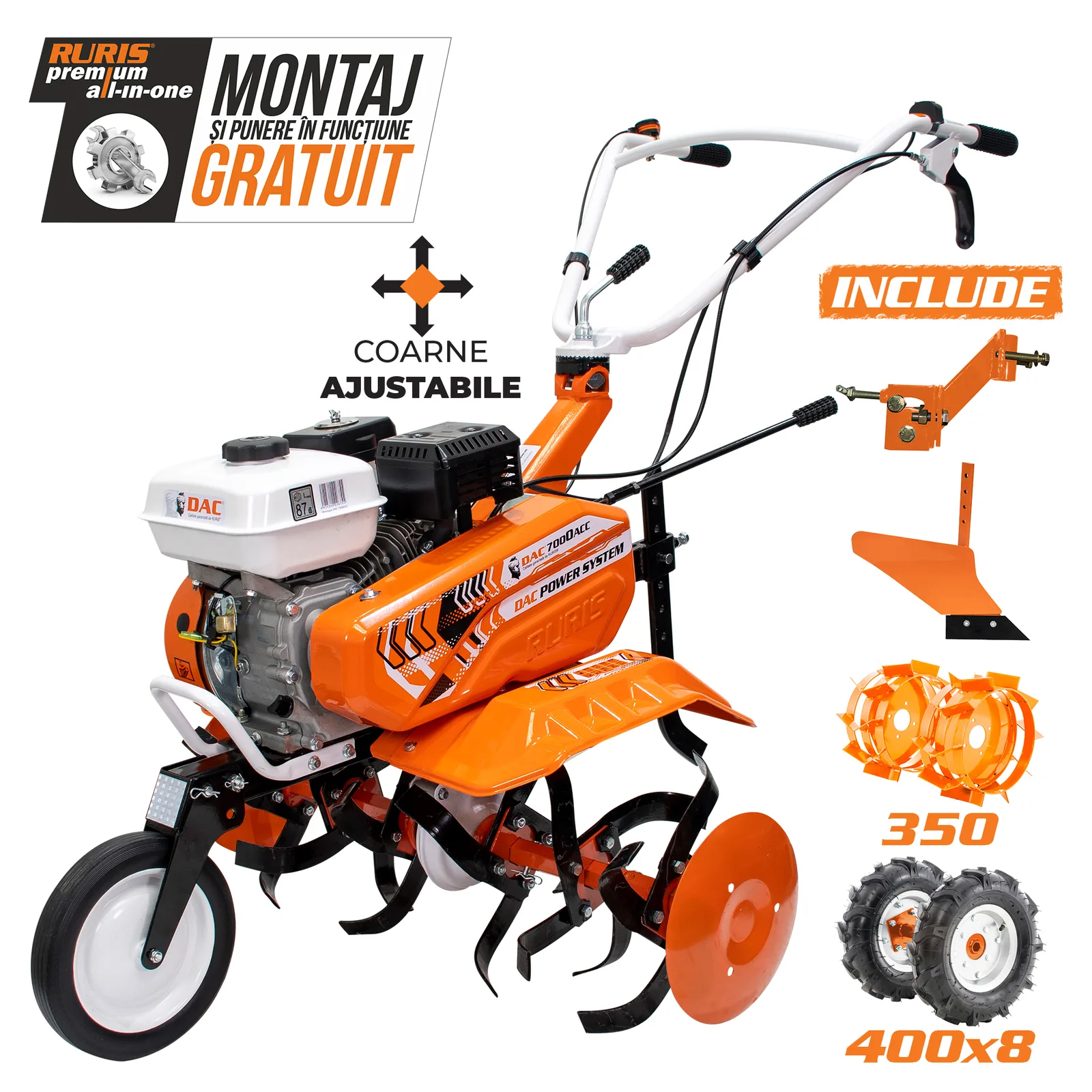 Motosapa DAC 7000acc2 + roti cauciuc 4.00-8+plug+adaptor+roti metalice 350 fara manicot