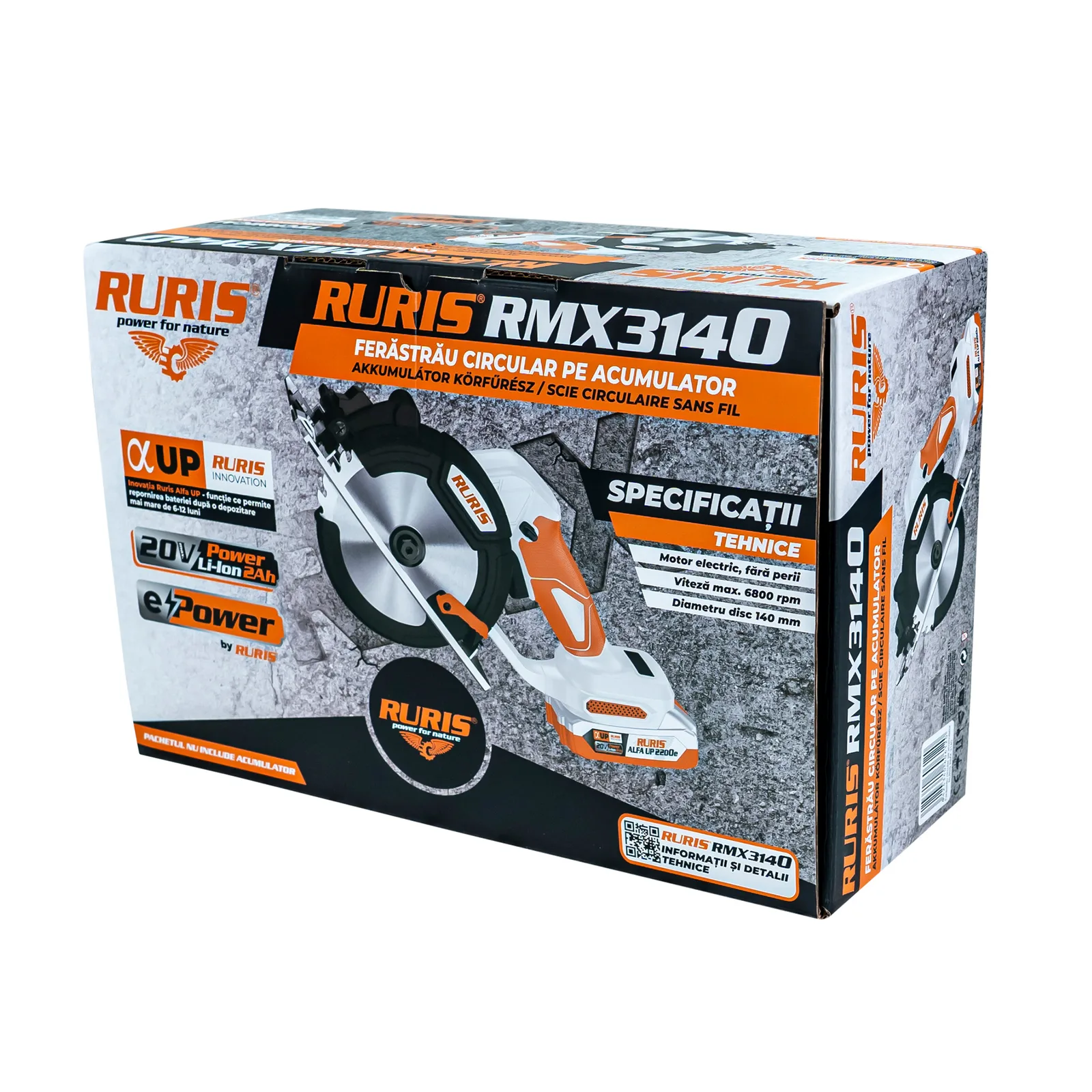 Ferastrau circular pe acumulator RURIS RMX3140 Power Alfa Up, disc 140mm, include acumulator 2400e X-Charge