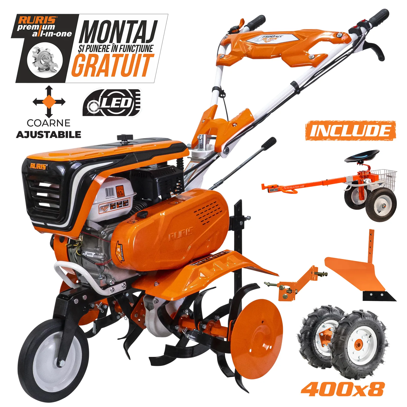 Motosapa RURIS 7500acc2 + roti cauciuc 4.00-8+plug+adaptor+accesoriu tractat