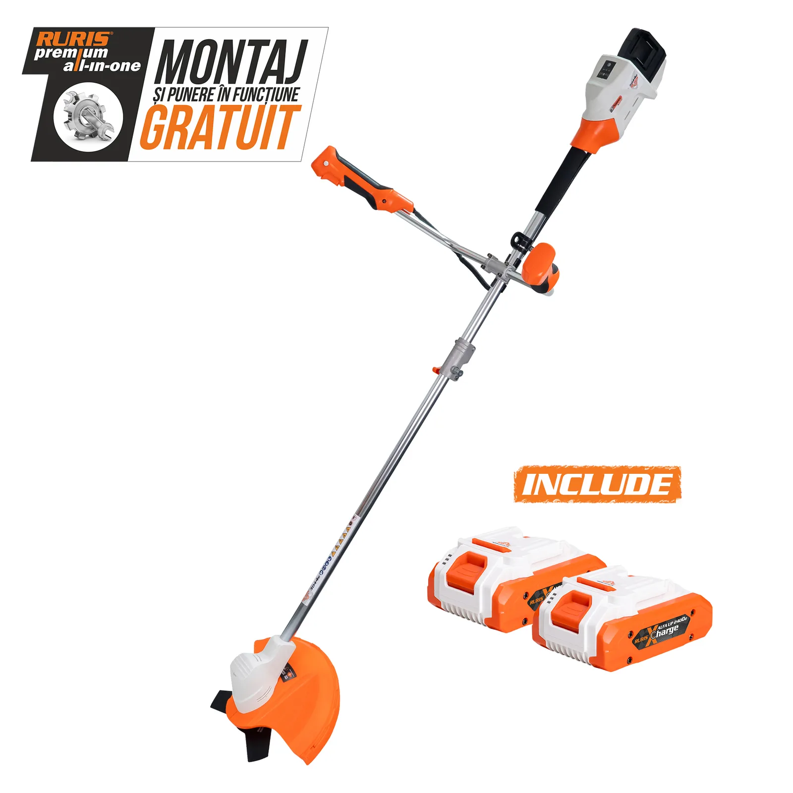 Motocoasa de umar pe acumulator RURIS 3044e Power Alfa Up, 2x20V, diametru taiere 300mm (fir) / 255mm (cutit), include 2 acumulatori 2400e X-Charge