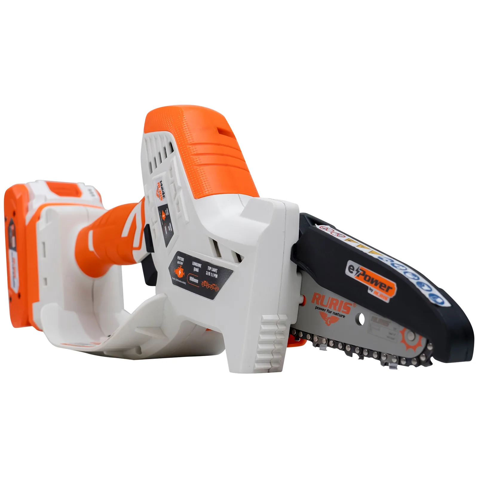 Electroferastrau telescopic pe acumulator RURIS 1424e Power Alfa Up, 20V, sina 10cm, lant 3/8” 1.3mm, brat telescopic 129-170cm, include acumulator 2400e X-Charge