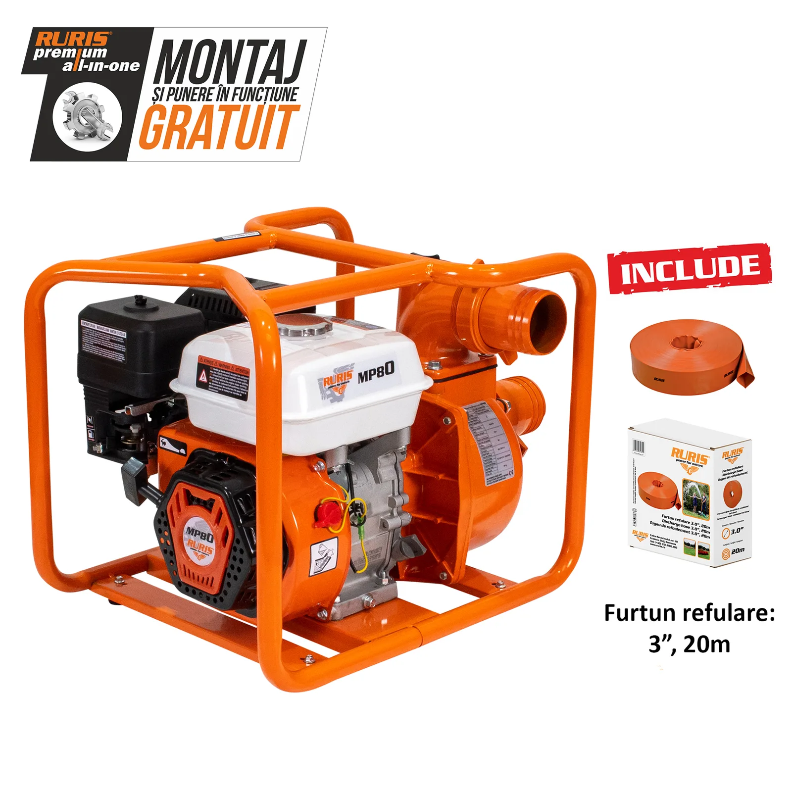 Motopompa RURIS mp 80 + furtun refulare 3.0″ 20m