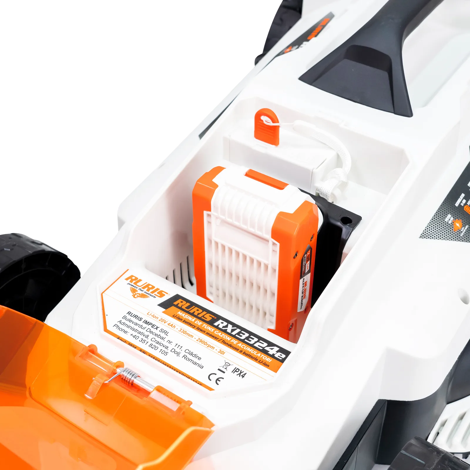 Masina de tuns gazon pe acumulator RURIS RXI3324e Power Alfa Up, 20V, latime de taiere 330mm, sac colector 30L, include acumulator si incarcator