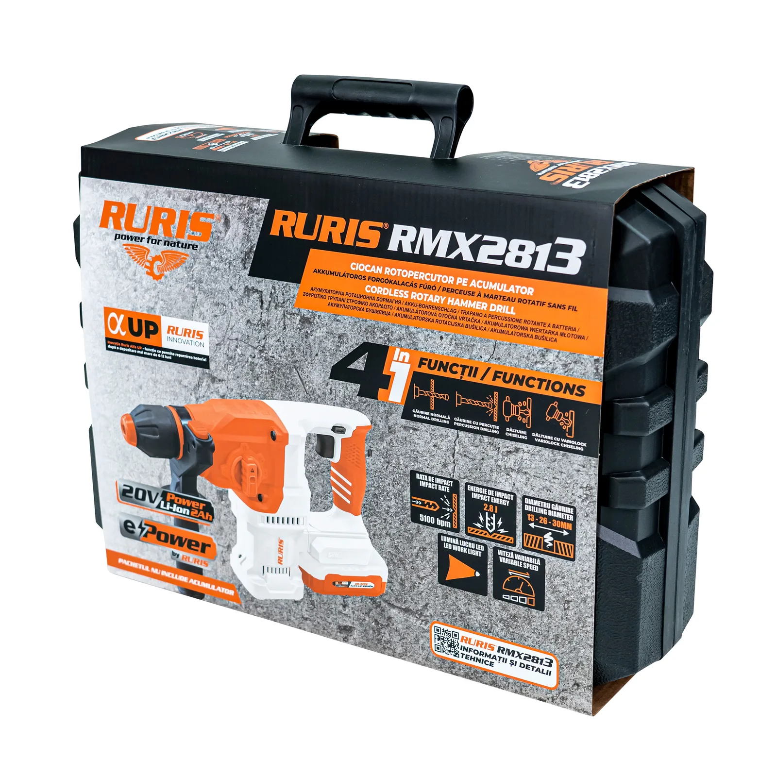 Ciocan rotopercutor pe acumulator RURIS RMX2813 Power Alfa Up, SDS Plus cu daltuire si variolock, include acumulator 2400e X-Charge