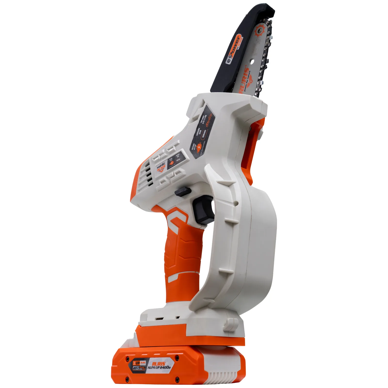Electroferastrau telescopic pe acumulator RURIS 1424e Power Alfa Up, 20V, sina 10cm, lant 3/8” 1.3mm, brat telescopic 129-170cm, include acumulator 2400e X-Charge