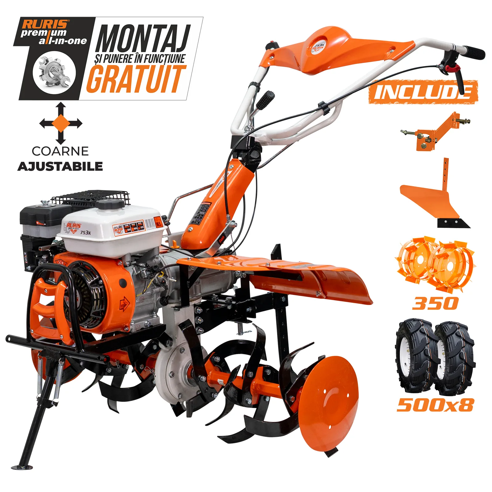 Motosapatoare RURIS 753k + roti cauciuc 5.00-8+plug+adaptor+roti metalice 350 fara manicot