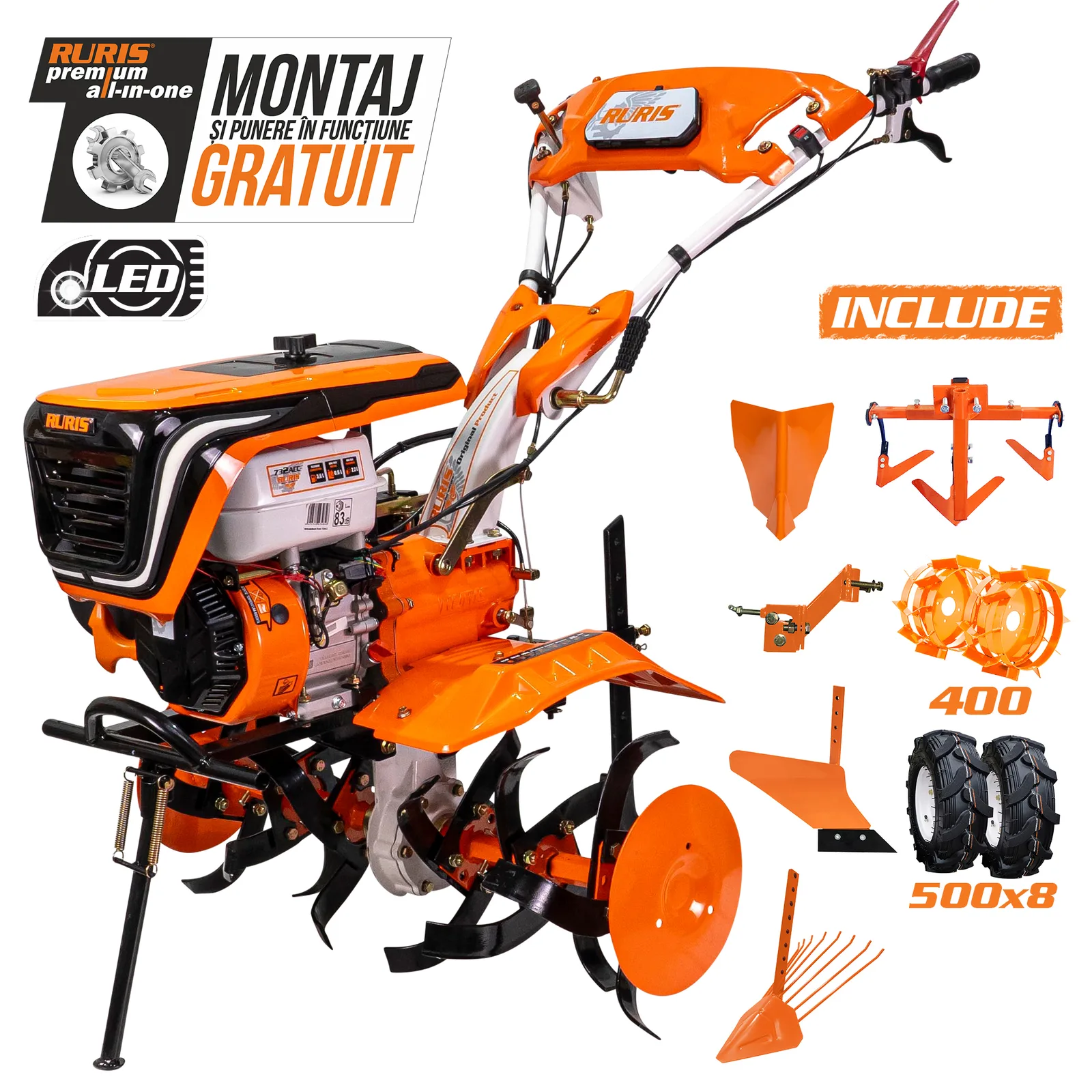 Motosapatoare RURIS 732acc + roti cauciuc 5.00-8+rarita+plug+adaptor+dispozitiv scos cartofi+roti metalice 400 fara manicot+cultivator