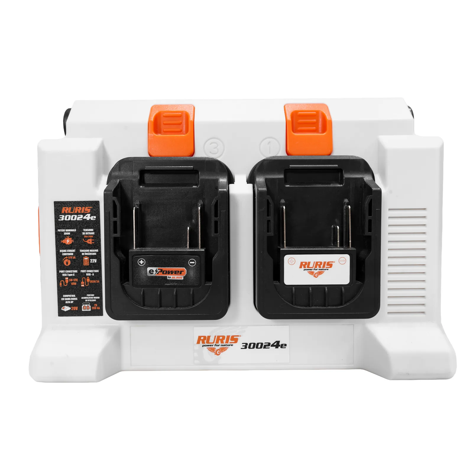 Invertor portabil pe acumulator RURIS 30024e, putere nominala 300W, 4 porturi acumulatori, port USB-C 18W, include 4 acumulatori 2400e X-Charge