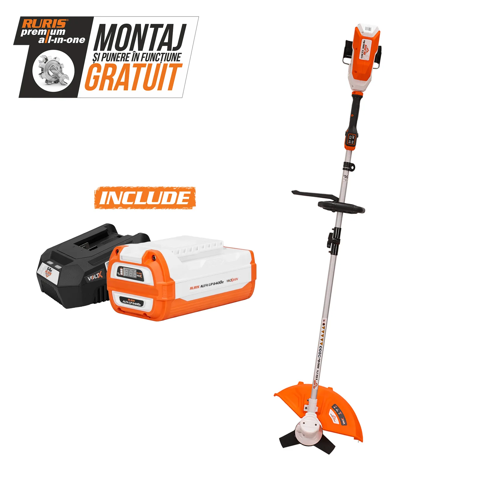 Motocoasa de umar pe acumulator RURIS VoltX 3864e, 60V, diametru taiere 420mm (fir) / 350mm (cutit), include acumulator Alfa Up 6400e si incarcator 64e